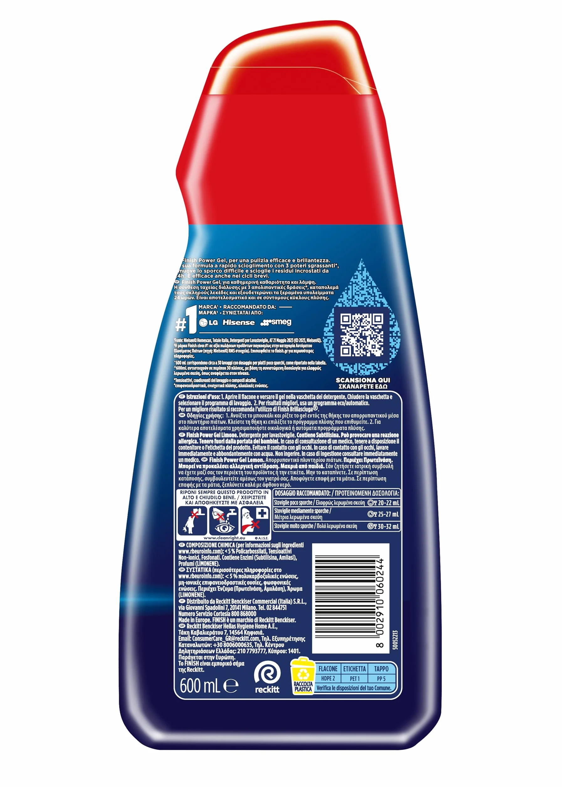 Finish Powergel gel détergent pour lave-vaisselle, liquide, multi-actions, pouvoir dégraissant, citron, 120 lavages, 4 confections de 30 lavages