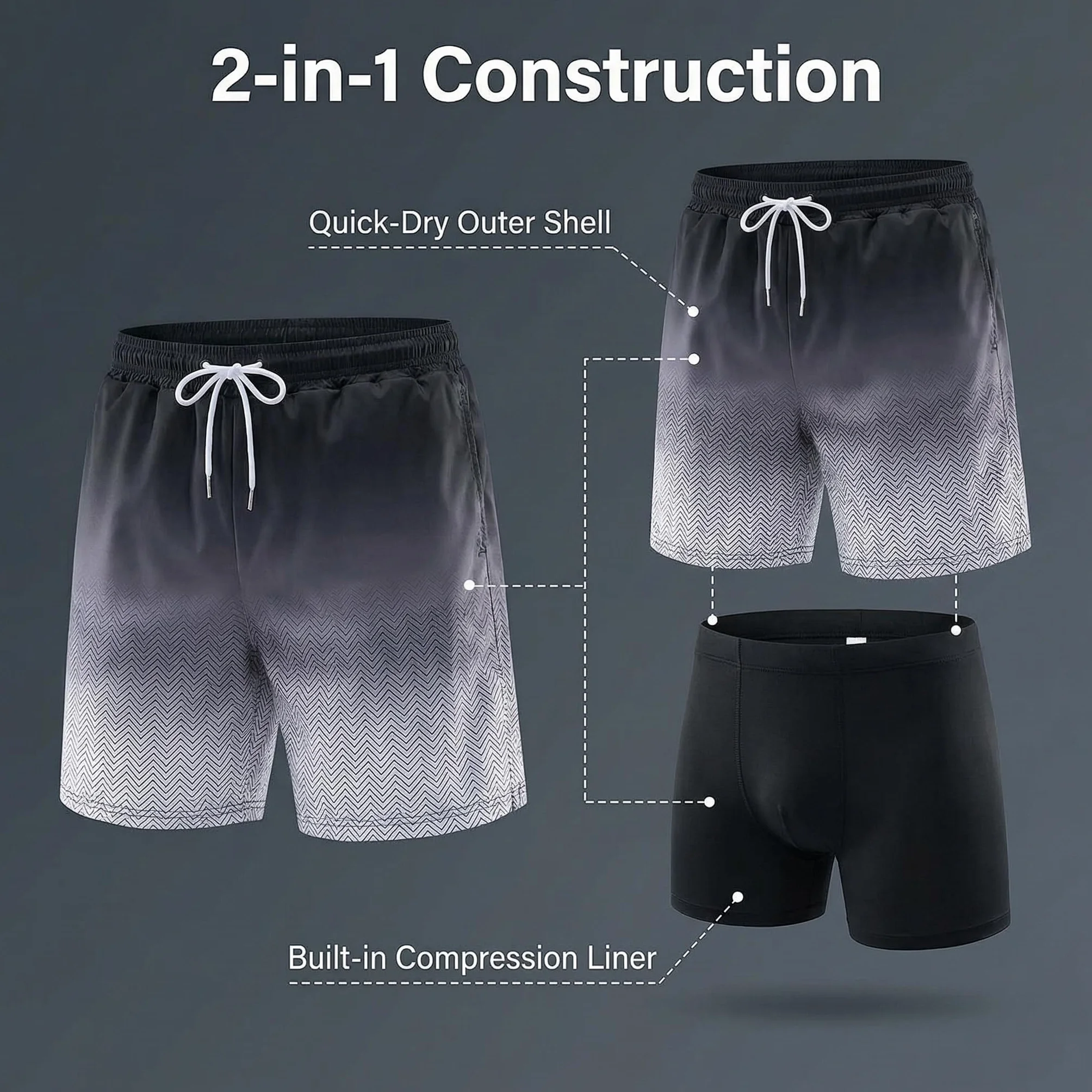 Short de Bain Long Homme 2 en 1 avec Slip intégré Séchage Rapide