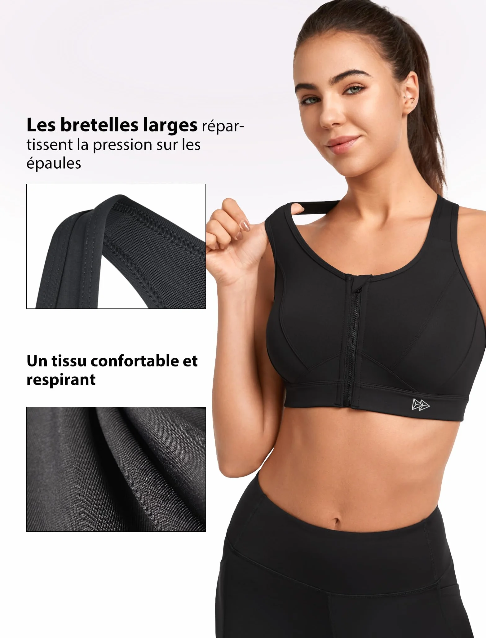 Yvette Soutien-Gorge de Sport Zippée Devant Dos Nageur avec Coussinets Soutien Élevé Femme