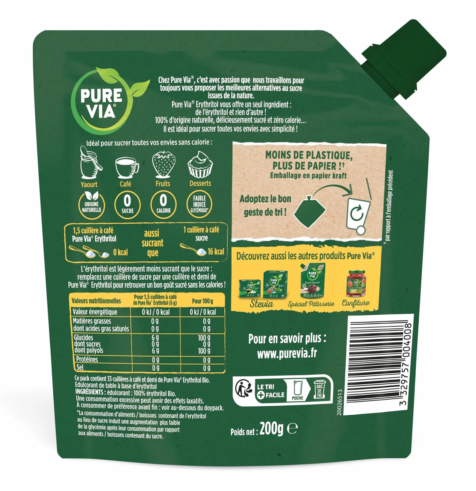 PURE VIA - Doypack Origines - Erythritol 100% d'origine naturelle en Poudre- Zéro Calorie - Bio - 200g