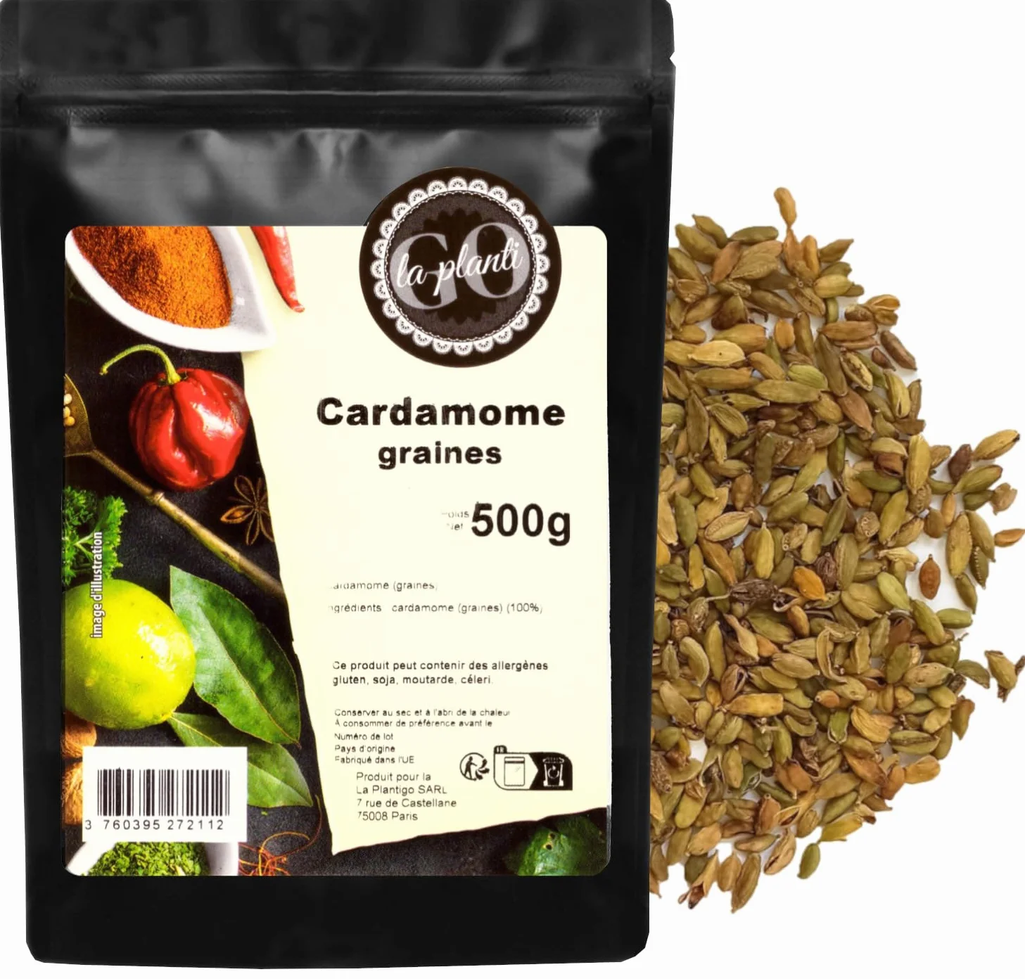 Cardamome (graines) 500 g- LA PLANTIGO Un choix savoureux, Qualité Supérieure, Sachet avec Zip, Cardamome Gousses Entières - Graines Cardamome Vertes