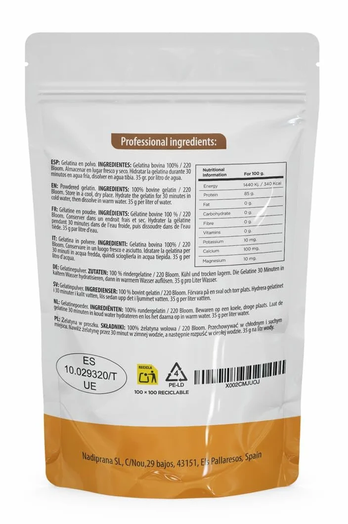 Gélatine Bovine en Poudre Snadi | 1 kg | Sans Saveur, 100% Pure et de Qualité Professionnelle | Parfaite pour la Pâtisserie, les Desserts, les Gels, les Sauces et les Préparations Salées