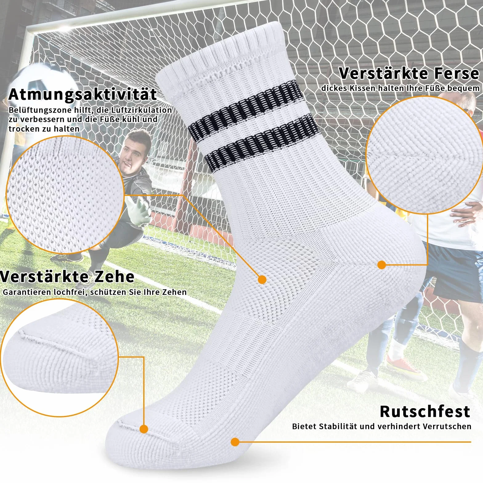 Lot de 3 paires chaussettes football antidérapantes garçon Blanc Noir 31-34 35-38