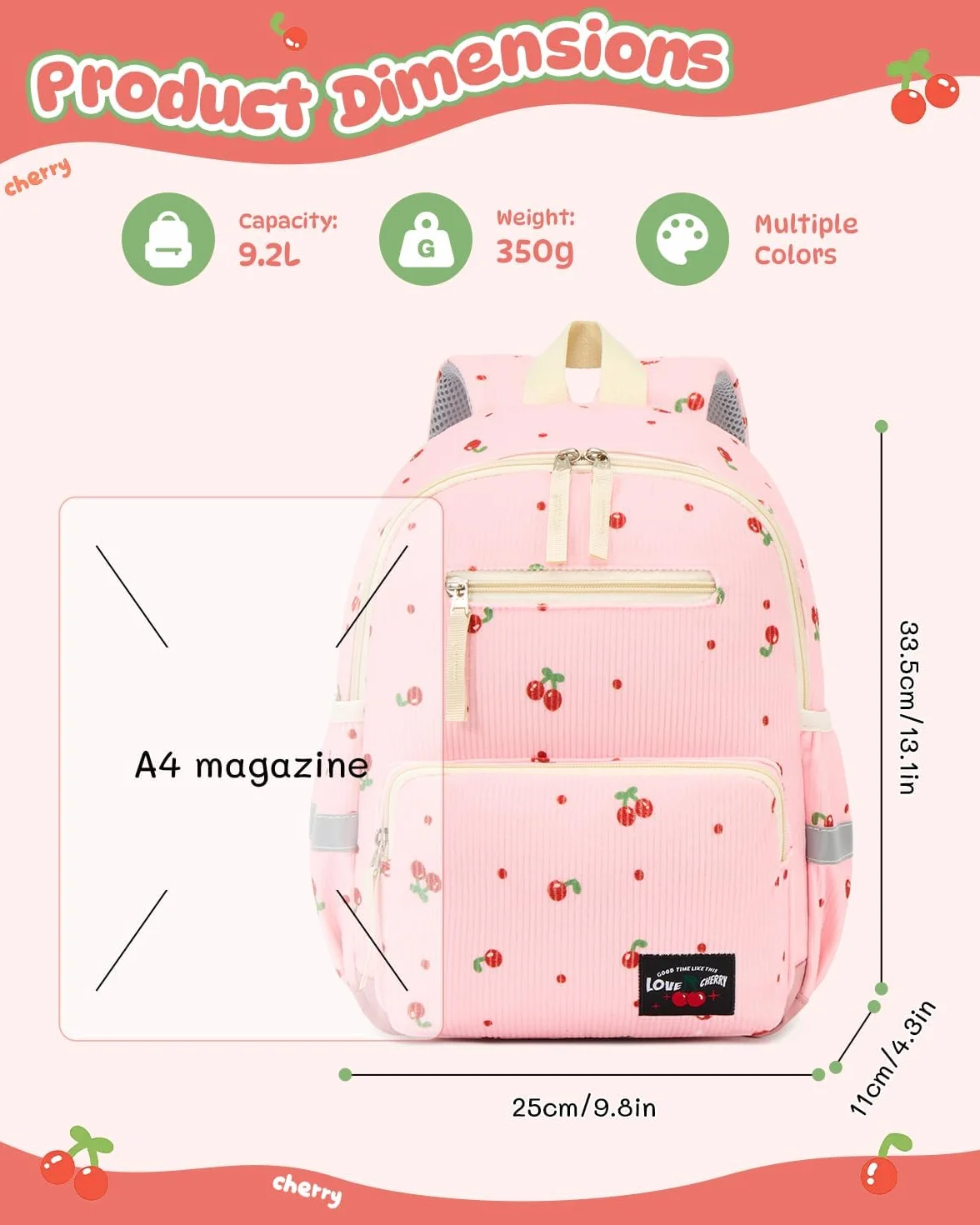 PROTAURI Sac à Dos Enfant Maternelle Fille, Cartable Réfléchissant Fond Nettoyable, 9.2L, Rose Cerise