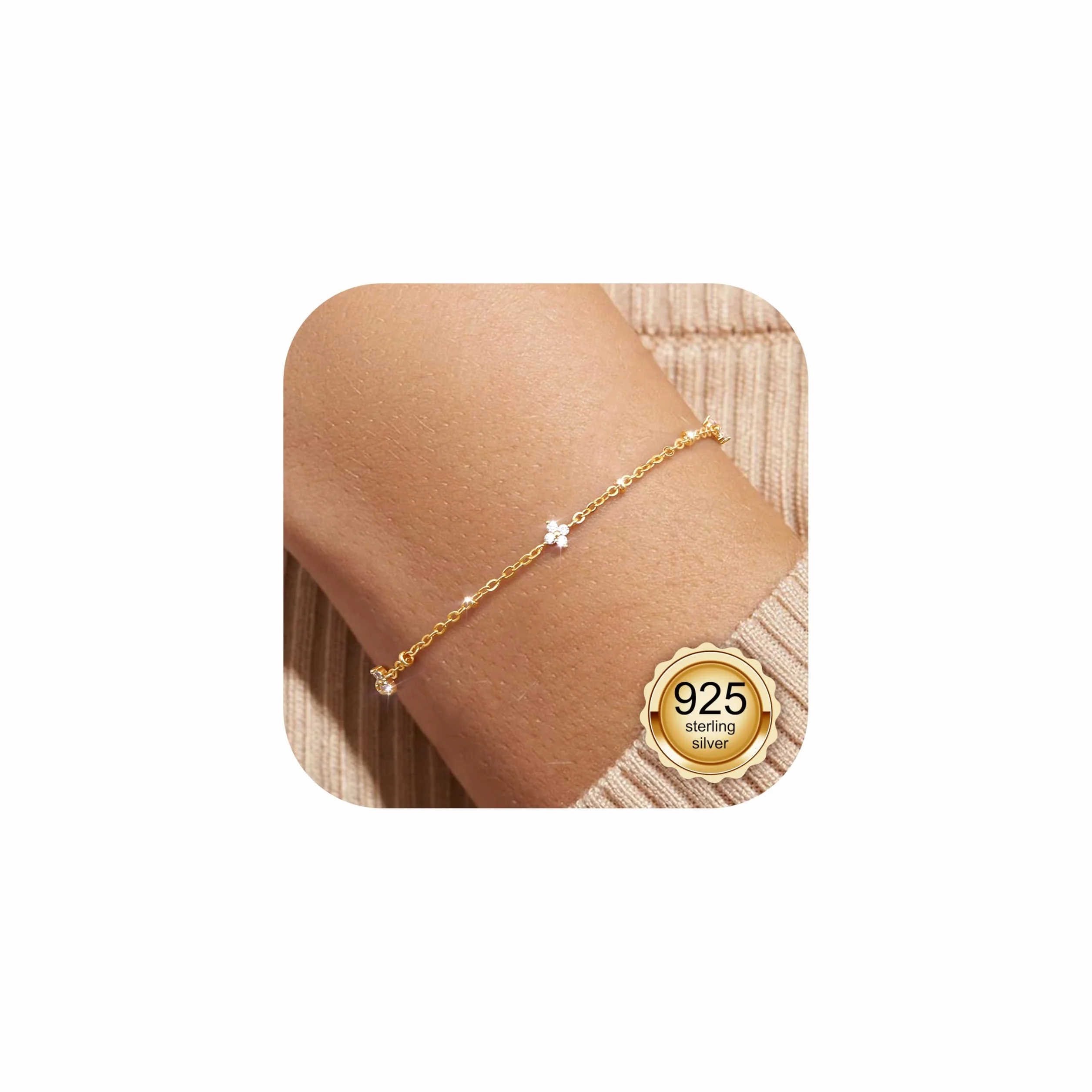 LOLIAS Bracelet Femme Argent 925 Trèfle 4 Feuilles Réglable Plaqué Or 14K Perle Boules Bijoux Cadeau 16cm+5cm