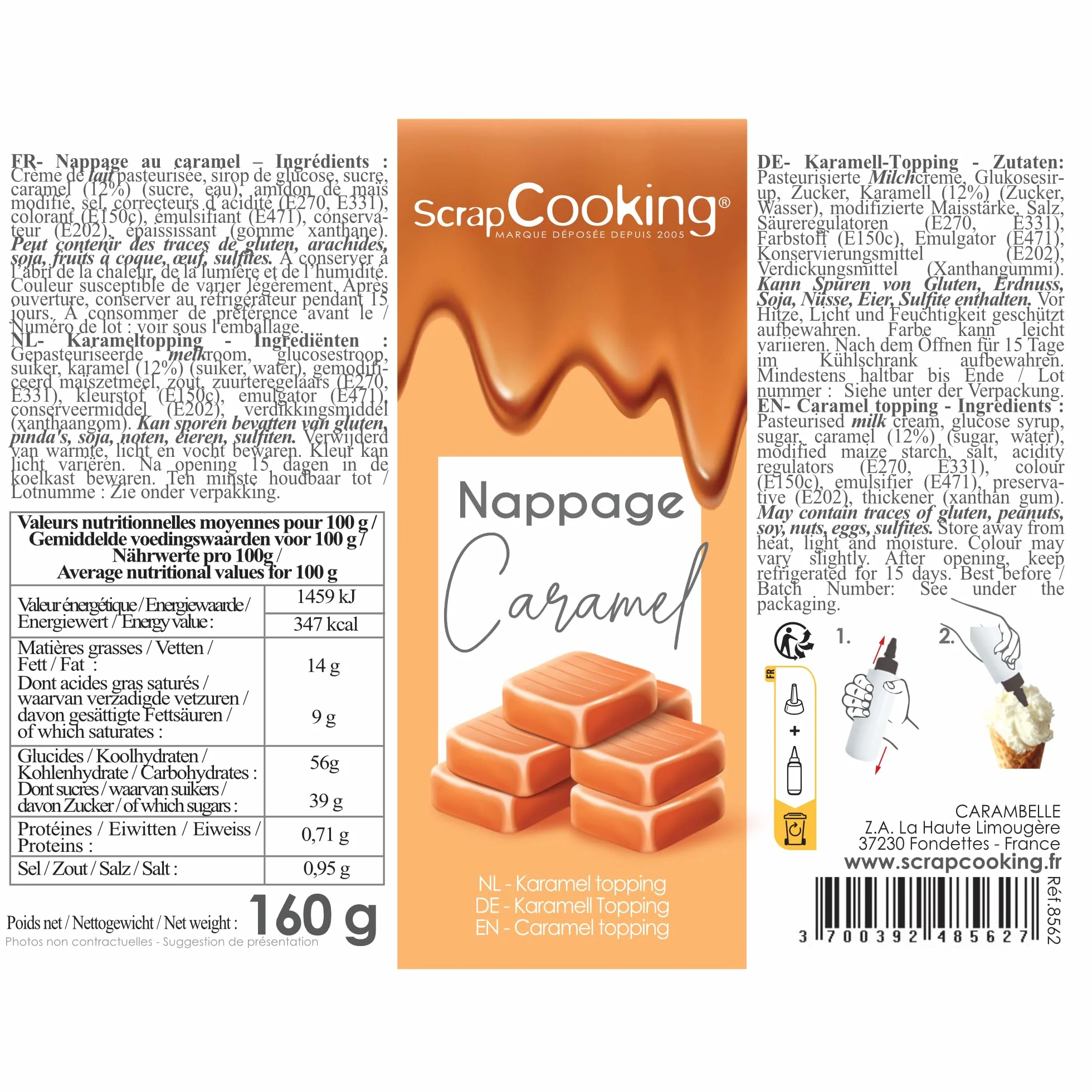 ScrapCooking - Nappage Caramel 160 g - Flacon Squeezer - Pour Topping & Décoration Gâteaux, Glaces, Yaourts, Crêpes & Gaufres - Déco Alimentaire Pâtisserie - 8562