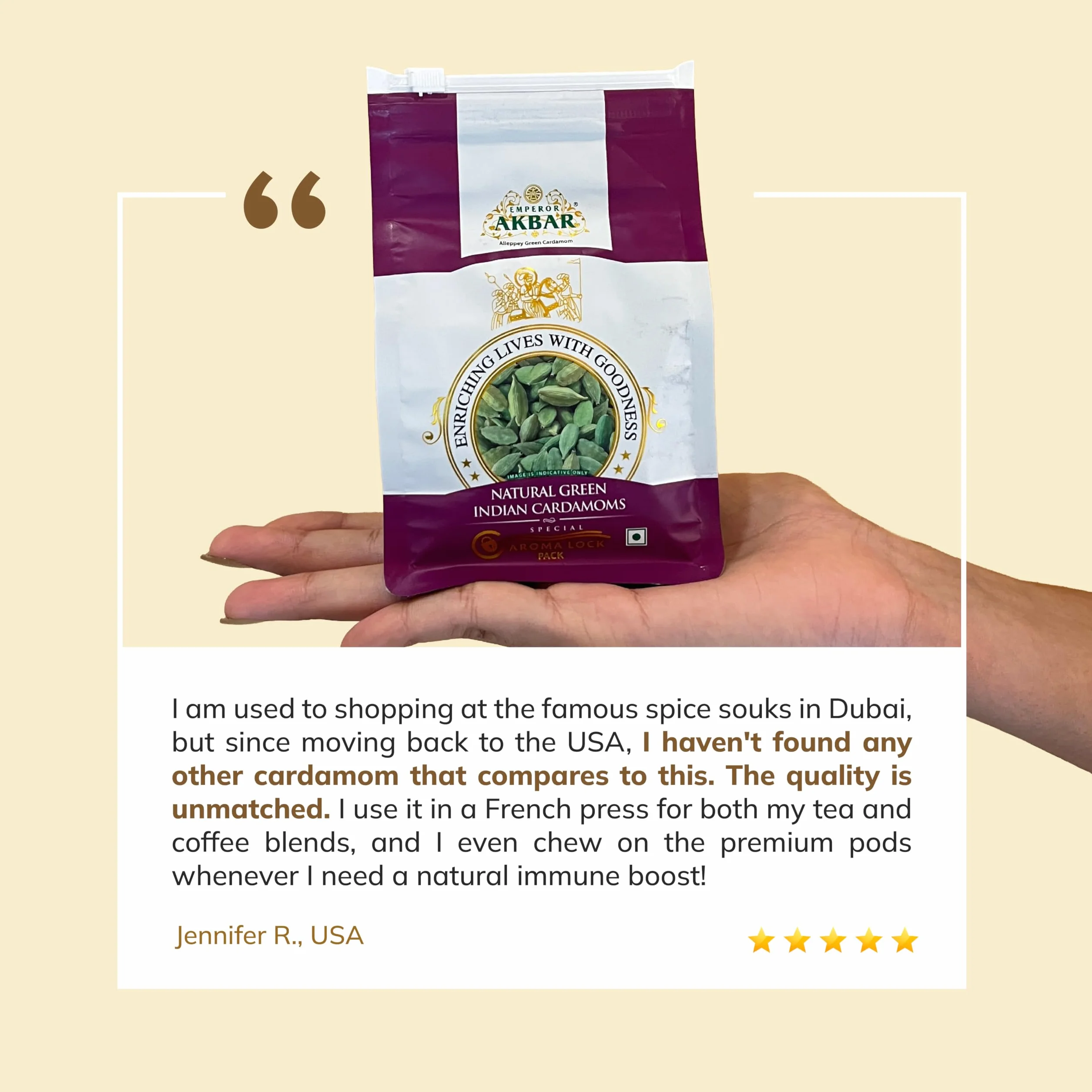 Emperor Akbar Cardamome (Elaichi) – 100 g – Cardamome verte dans un paquet aromatique supérieur (Grade violet – 8 mm ci-dessus)