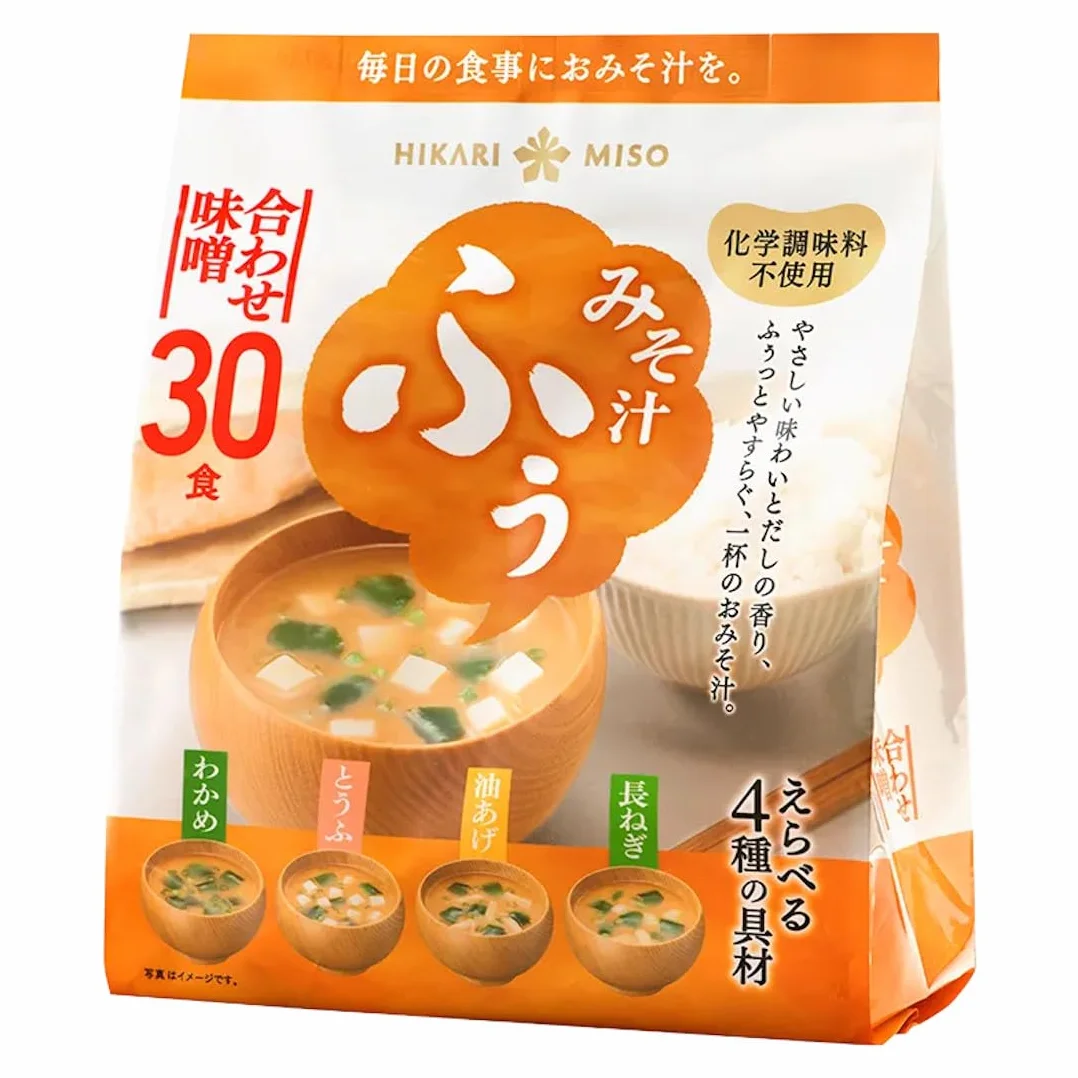 Hikari Miso Soupe Miso Instantanée Japonaise, 4 Saveurs, Pack de 30 Soupes Miso (Algues Wakame, Oignons Verts, Tofu, Tofu Frit)