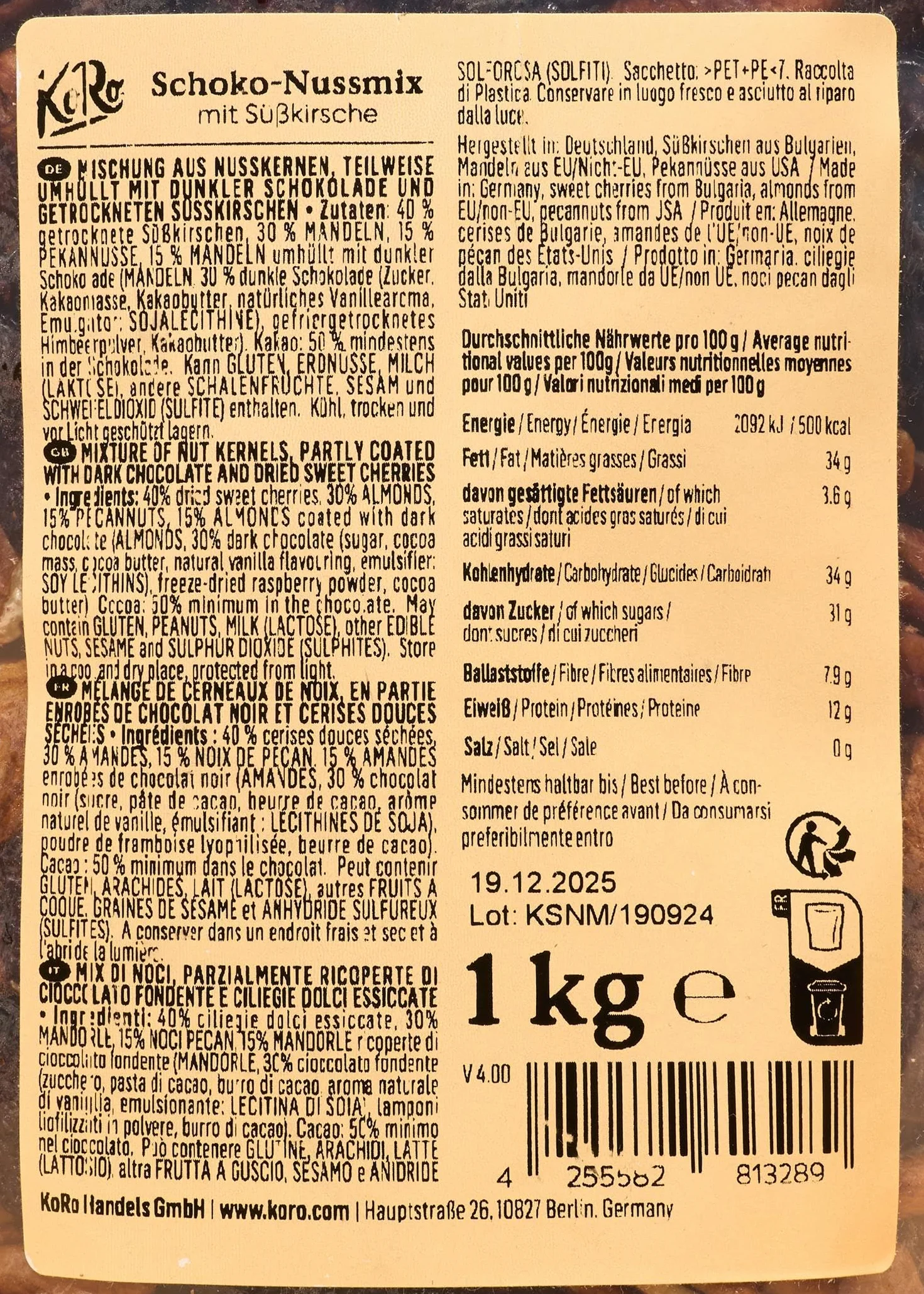 KoRo - Mélange d'oléagineux au chocolat avec griottes 1 kg - Snack idéal - Chocolaté et fruité - Grand emballage pratique