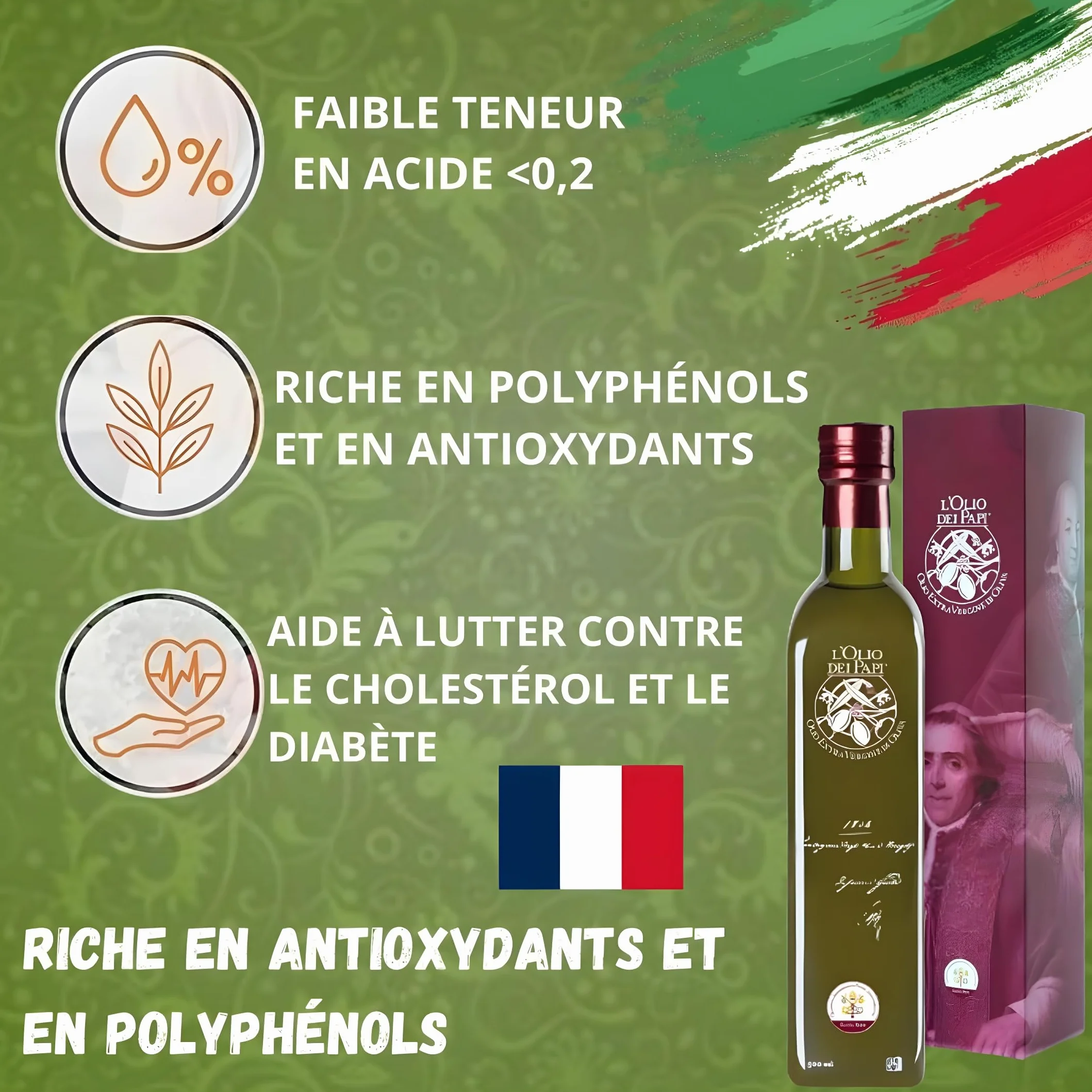 L'Olio dei Papi 100% Huile d'Olive Extra Vierge Italienne extraite à froid des oliveraies centenaires des anciennes terres des Papes 0,5 LT (étui)