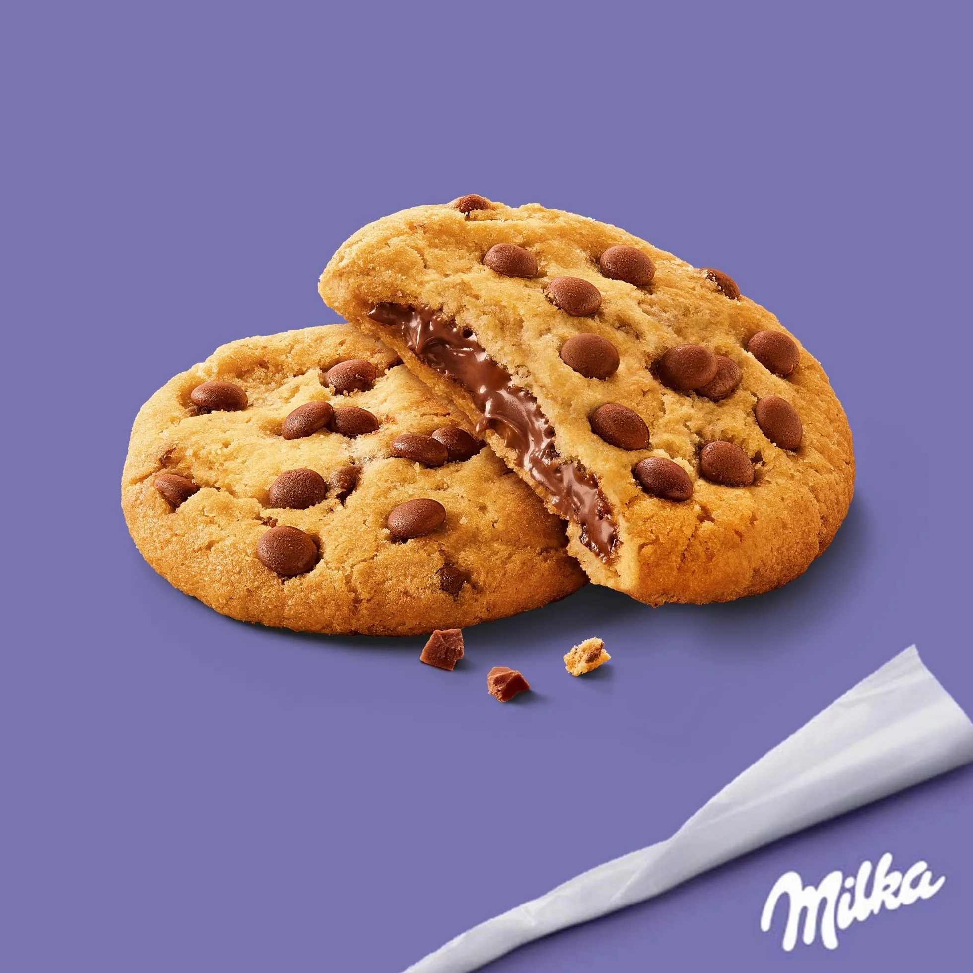 MILKA - Cookies Sensations - Cookies aux Pépites de Chocolat au Lait et Cœur Chocolaté - Lot de Biscuits Individuels - Format Familial Pratique pour le Goûter - Présentoir de 24 Paquets de 2 Cookies