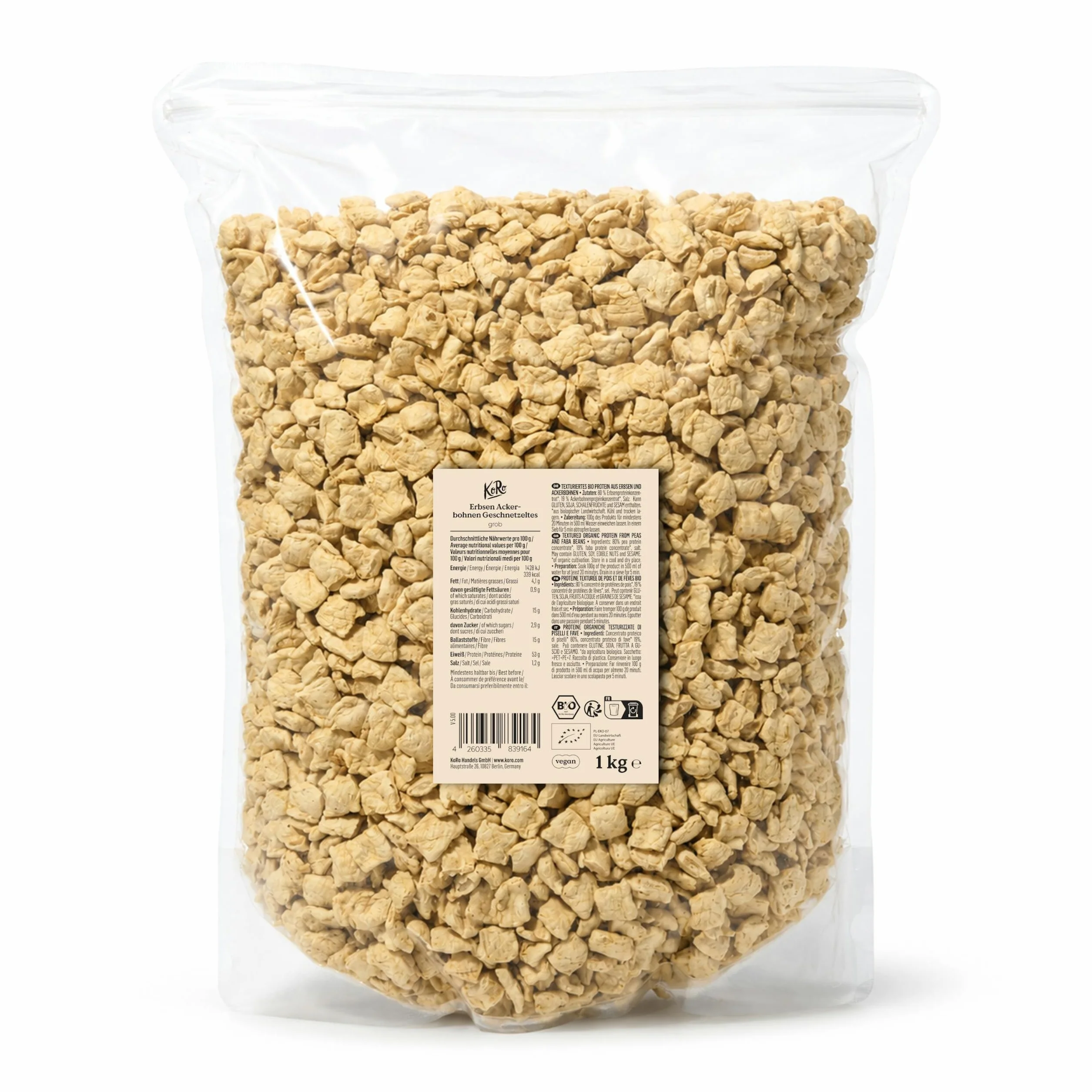 KoRo – Protéines de pois et de fèves gros morceaux 1kg – Alternative végétale sans soja – Texture fondante et riche en protéines – Idéal pour blanquettes et gyros