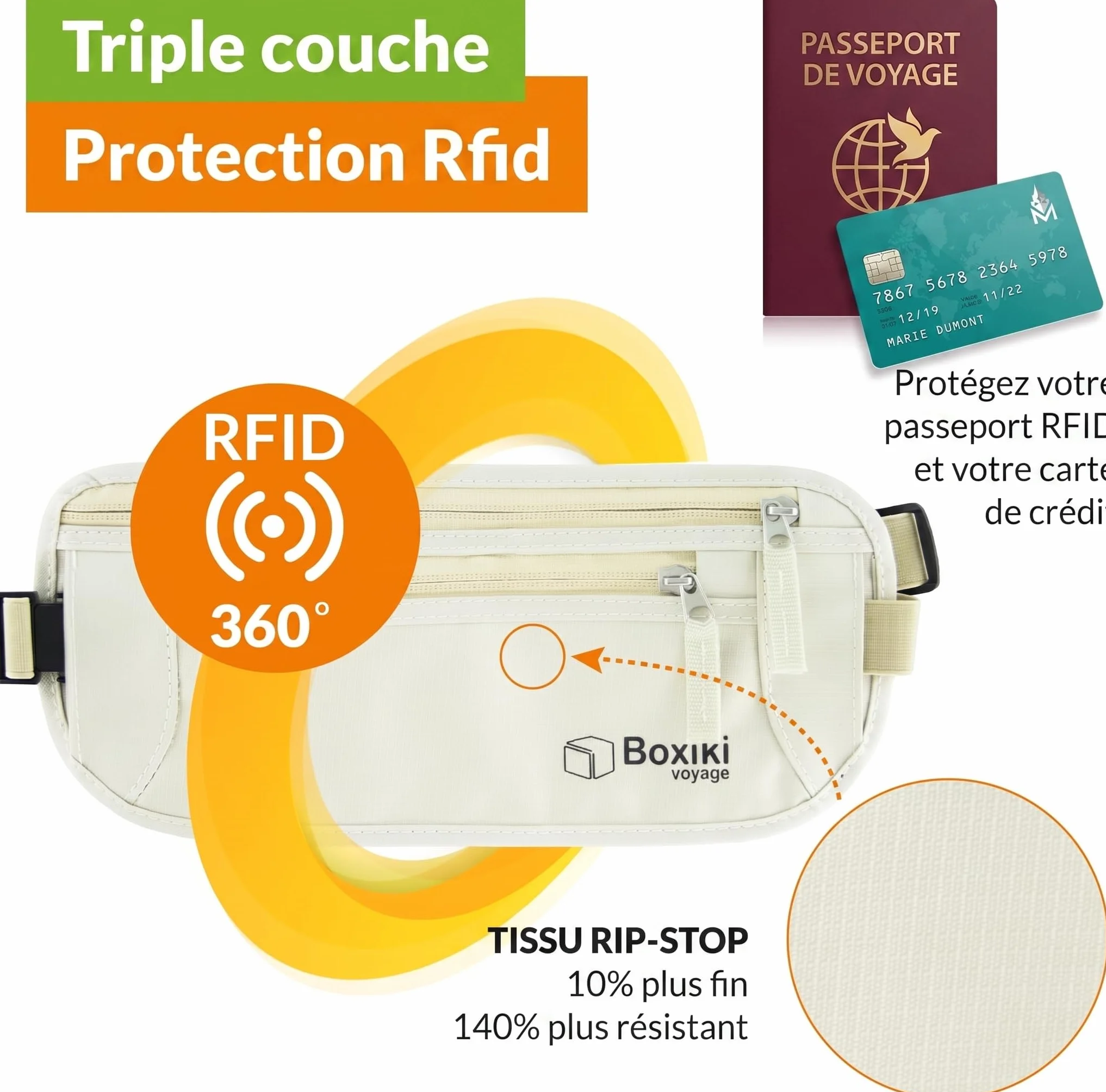 Ceinture Porte-Monnaie RFID Lot de 8 Manchons - Sac Banane Homme Femme Antivol Protection 360 Degres, Beige