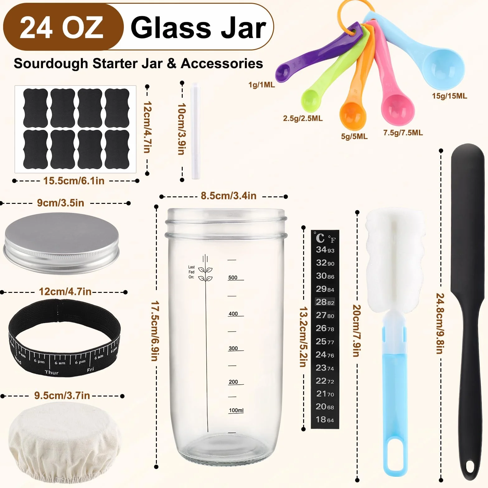 Kit Pain au Levain 730 ml – 8 pièces incluant bocal en verre, récipient de fermentation, spatule, ruban de marquage, couvercle en tissu cousu – Parfait pour le démarrage du levain