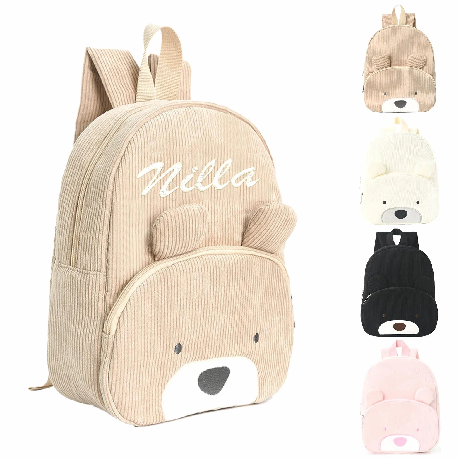 Sac à Dos Enfant Personnalisé Broderie Prénom Velours Côtelé Ours Maternelle Fille Garçon