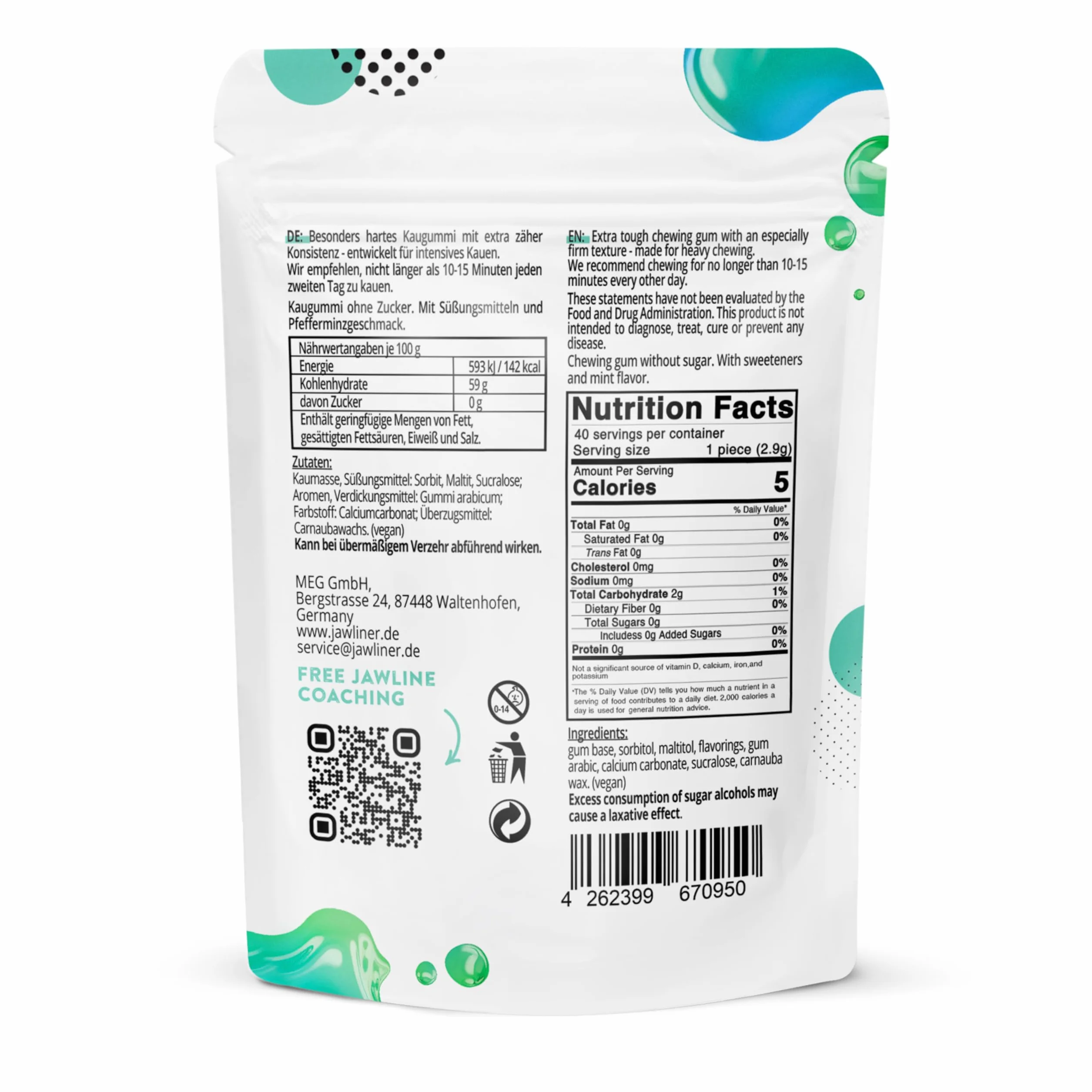 Jawliner® Chewing-gum à mâcher pour sculpter la mâchoire, renforcer les muscles, entraînement facial, mewing - Menthe - 40 pièces