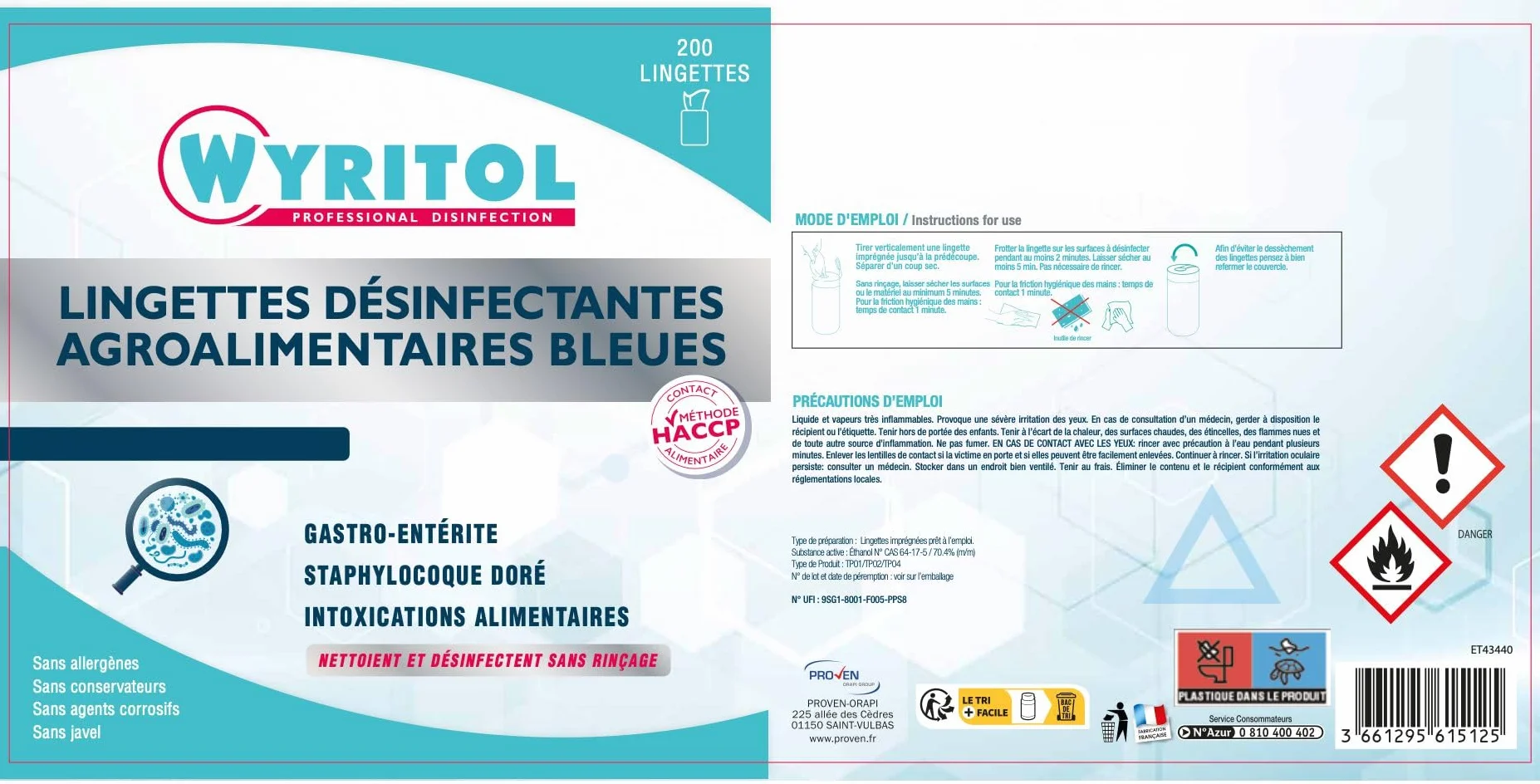 Wyritol - Lingettes Désinfectantes Bleues Milieu Alimentaire x 200