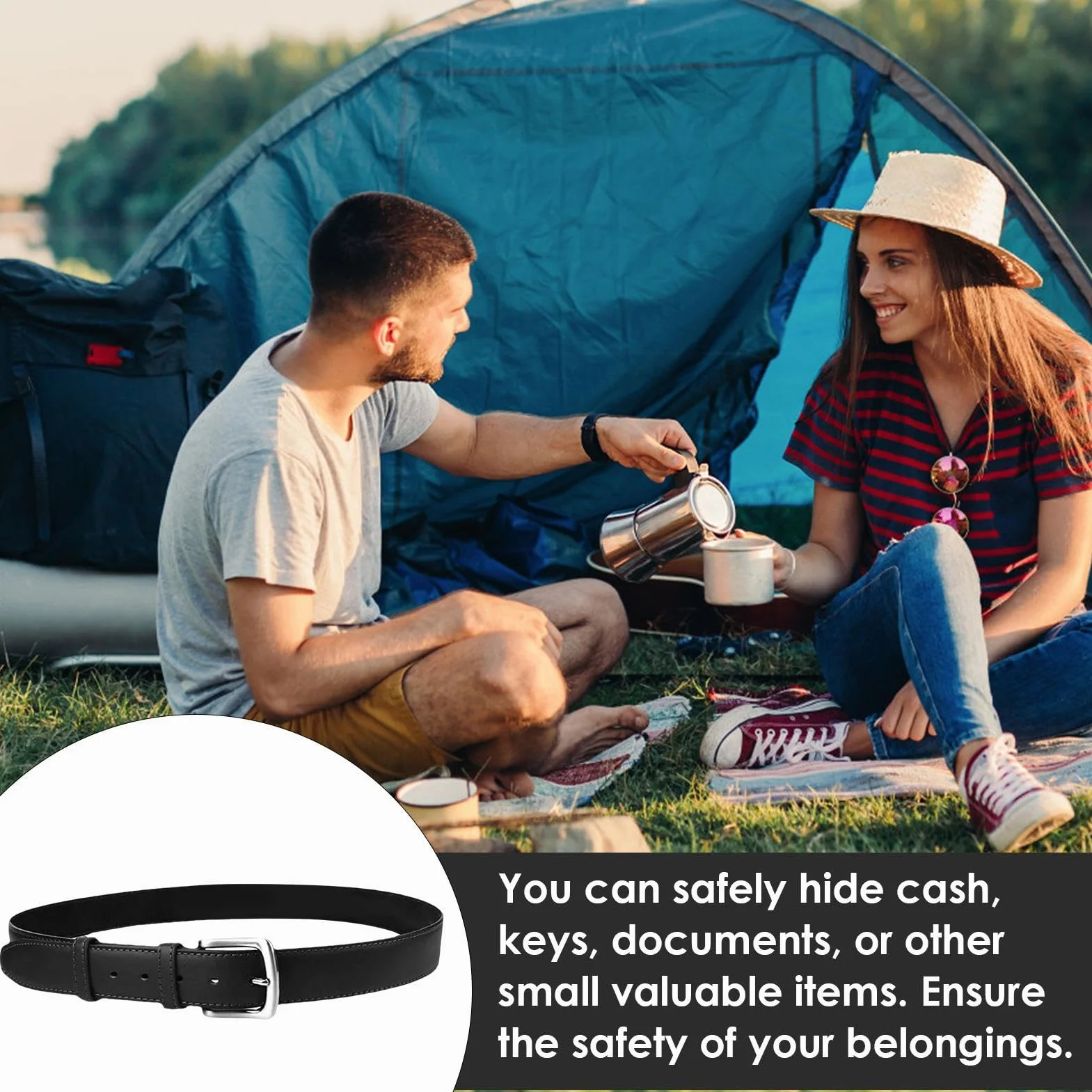 Ceinture porte-argent antivol PU de voyage avec poche intérieure cachée et fermeture éclair