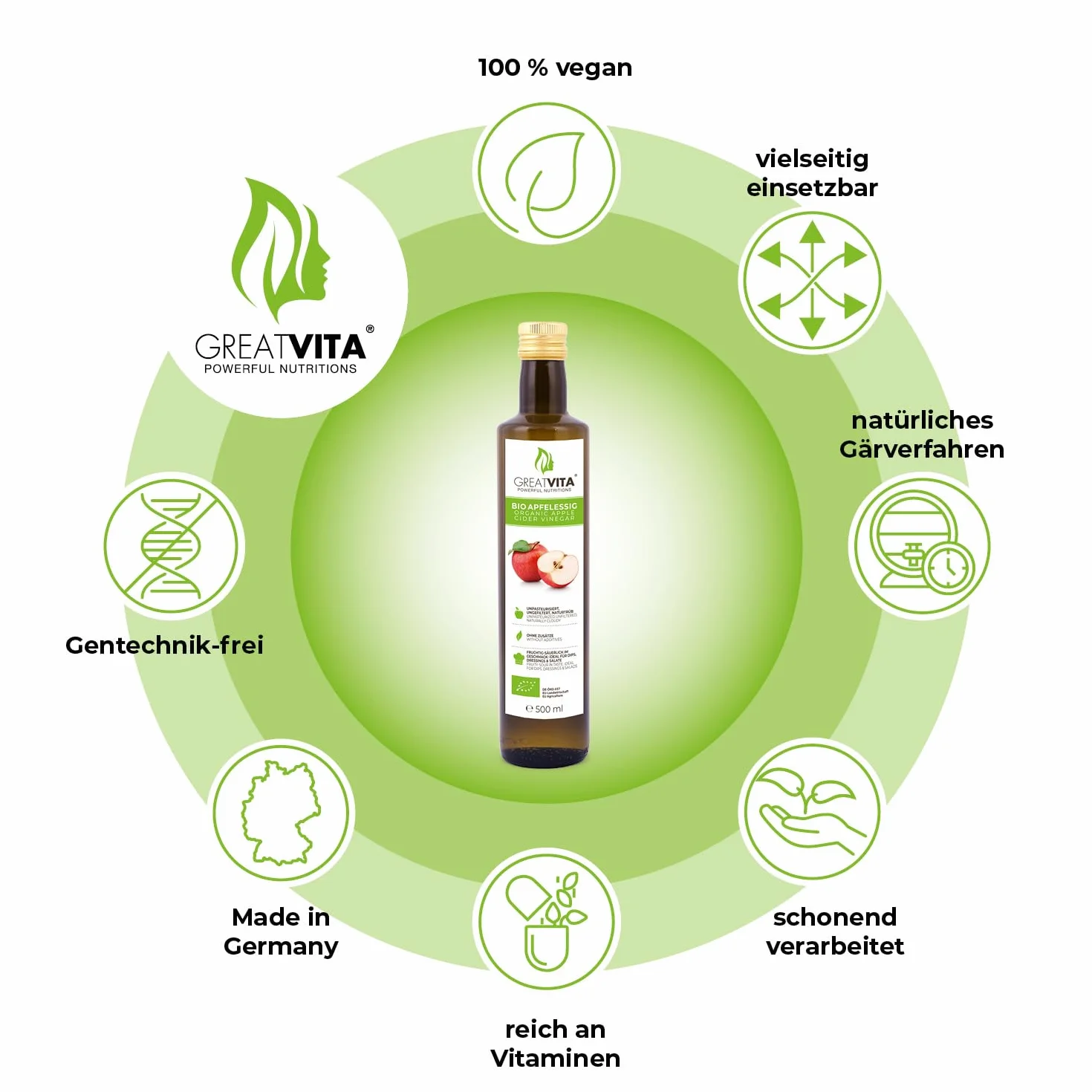 Vinaigre de cidre de pomme biologique MeaVita, naturellement trouble et non filtré avec des noix de vinaigre, paquet de 2 (2 x 500 ml)