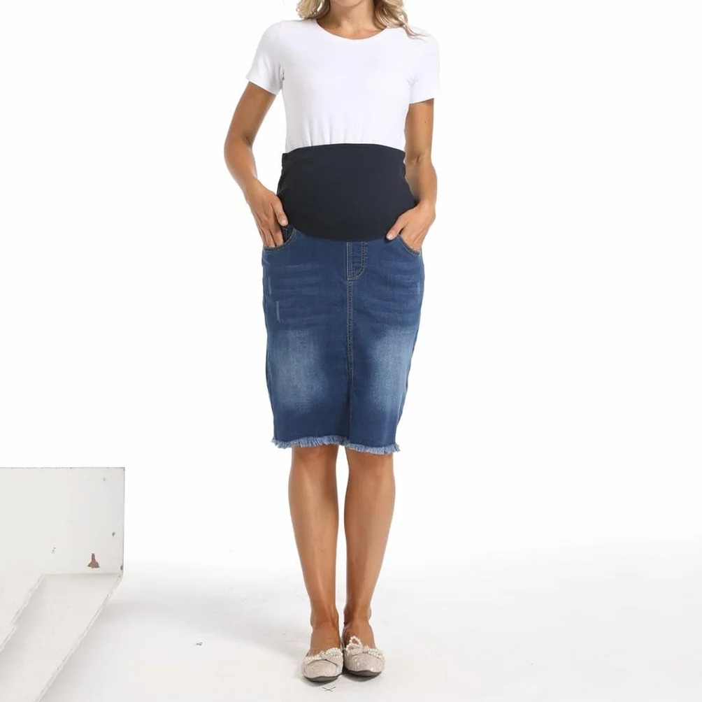 Jupe en Jean Taille Haute Ourlet Brut pour Femmes Enceintes avec Poches