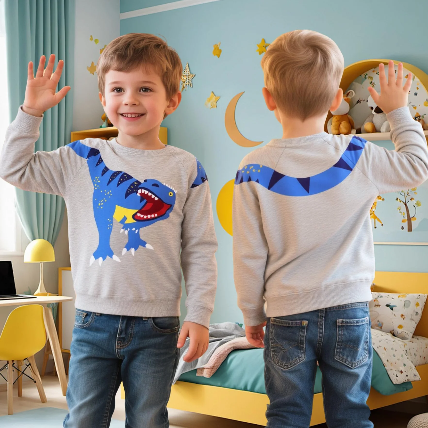 Sweatshirt Garçons Coton Col Rond Dinosaure Excavatrice Imprimé Manches Longues Pull Enfant 2-7 Ans