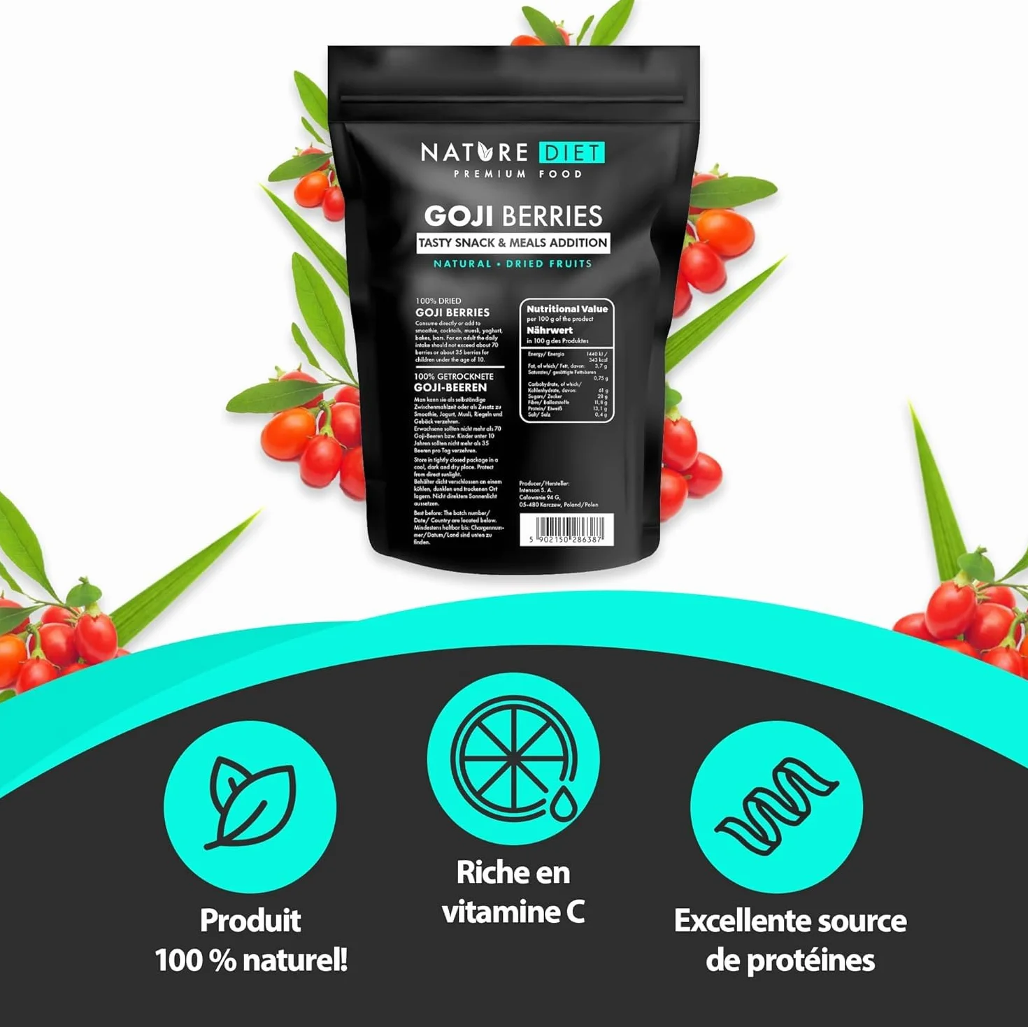Nature Diet Baies de Goji | 500 g | Riches en Fibres & Protéines | Vegan, Sans Gluten & Sans Lactose | Non OGM | Idéal pour Snacks, Smoothies & Pâtisserie