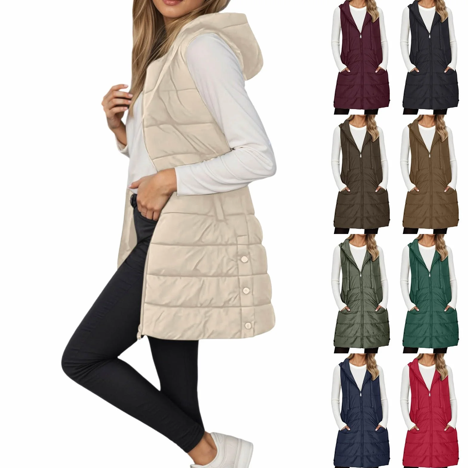 Femme Doudoune sans Manches Capuche Longue Gilet Ultra Chaud Légère Veste Zippée Hiver Waistcoat Poches