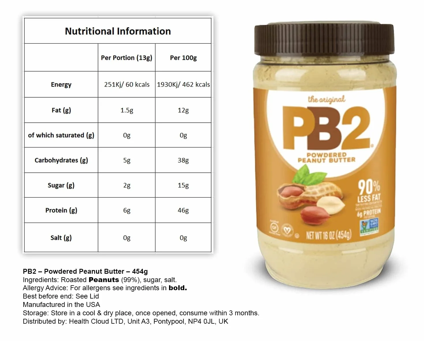 Bell Plantation PB2 Plain Peanut Butter Powder - 1lb Jar