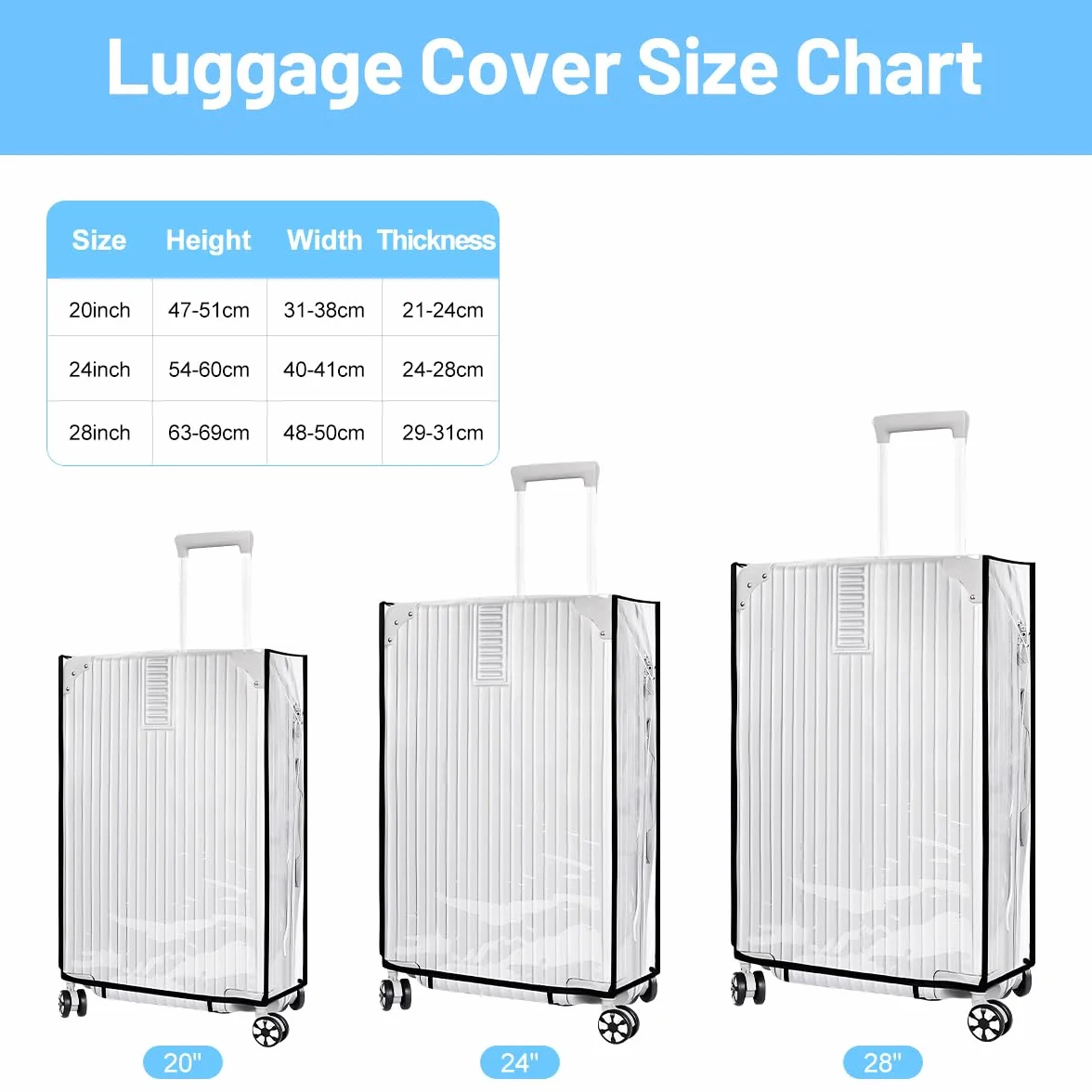 Lot de 3 Housses de Protection Valise Bagages imperméables PVC 50 60 71 cm Transparentes