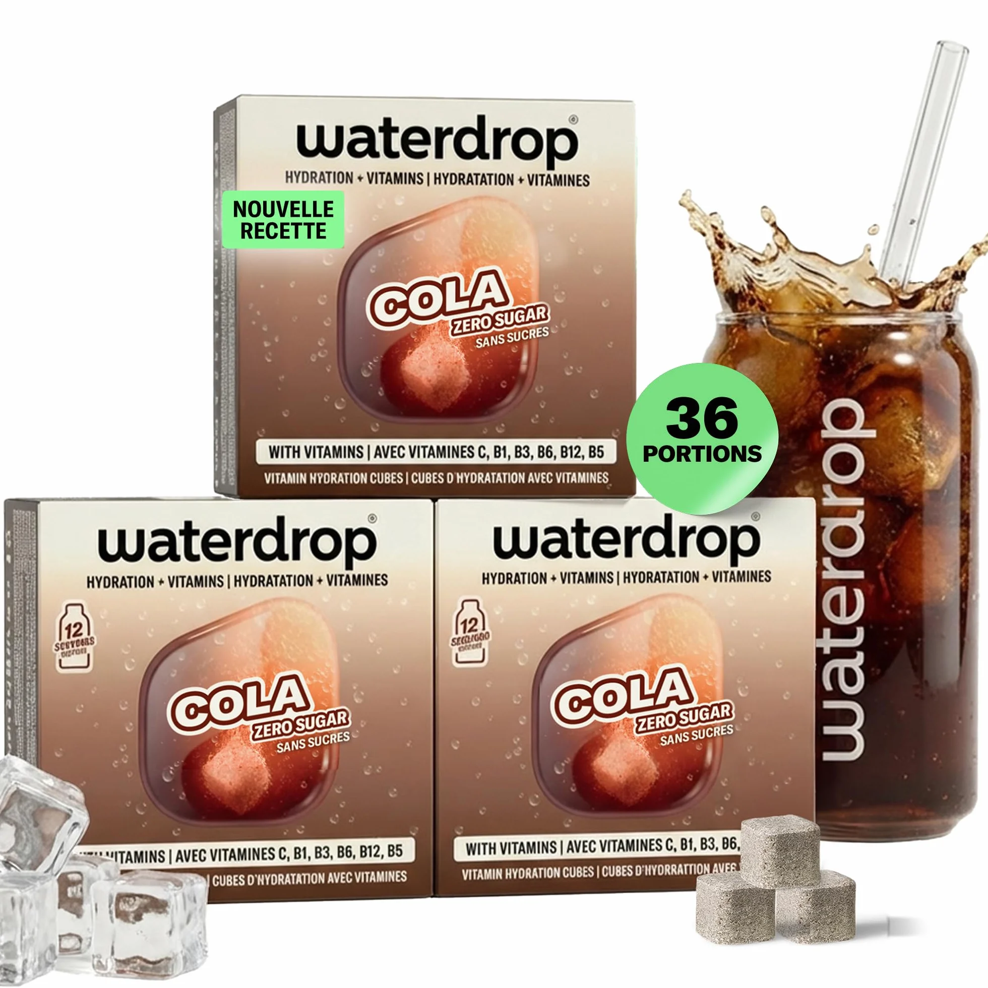 waterdrop® Cola Nouvelle Recette – 36 Pastilles Aromatisées pour l'Eau Sans Sucre, Cubes de Boisson pour Eau Aromatisée, Alternative aux Boissons Gazeuses avec Vitamines C et B, Zero Calorie