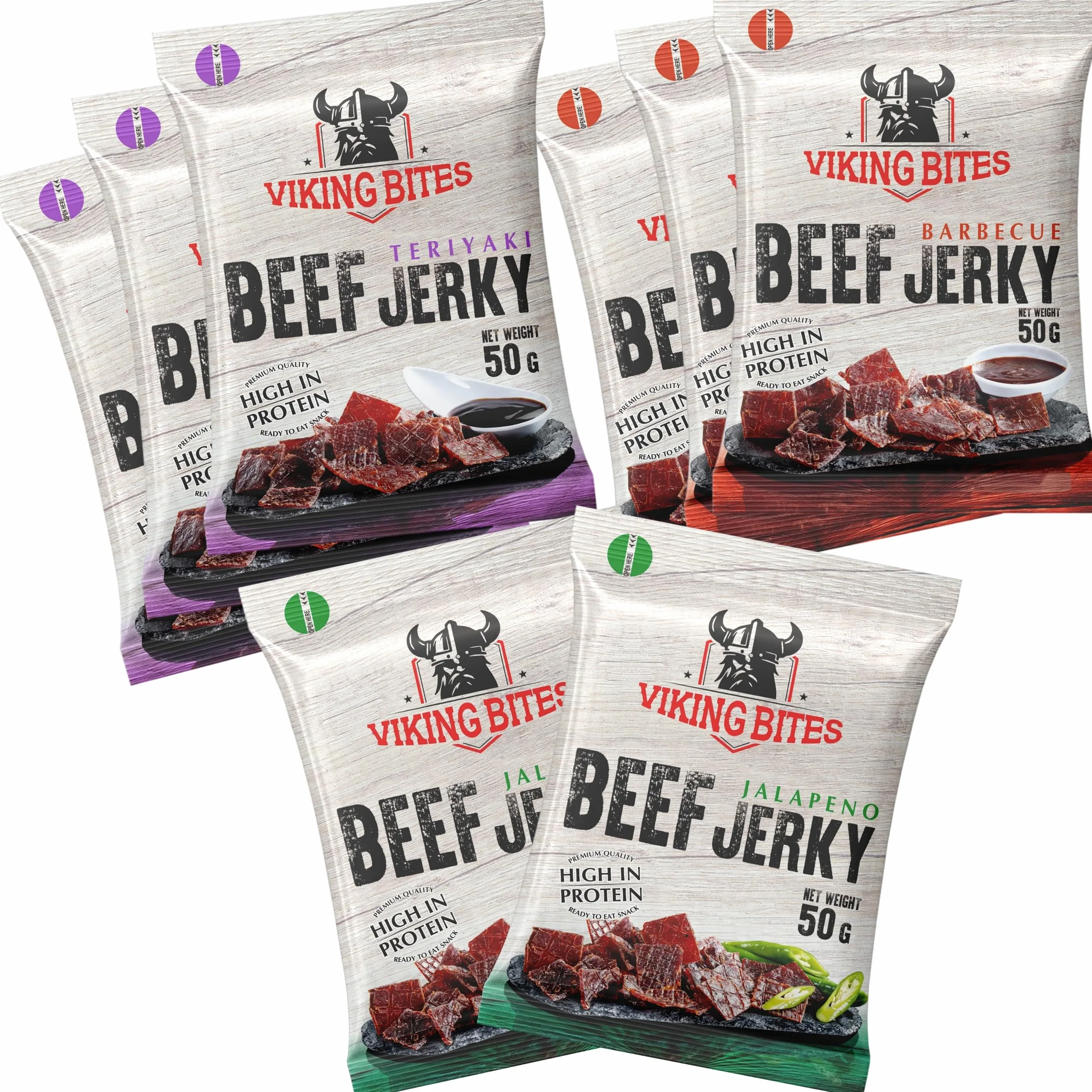Viking Bites Beef Jerky Mixed box 400 g (8 x 50g) – 3x Barbecue, 3x Teriyaki, 2x Jalapeno - Bœuf séché - En-cas à base de viande riche en protéines