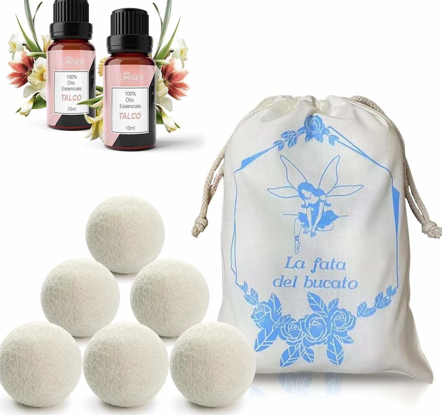 LUMINER Boules de Séchage en Laine x6 – Anti-Froissage, Anti-Statique, Attrape-Cheveux, 2 Huile Essentielle de Talc, Réutilisables pour Sèche-Linge