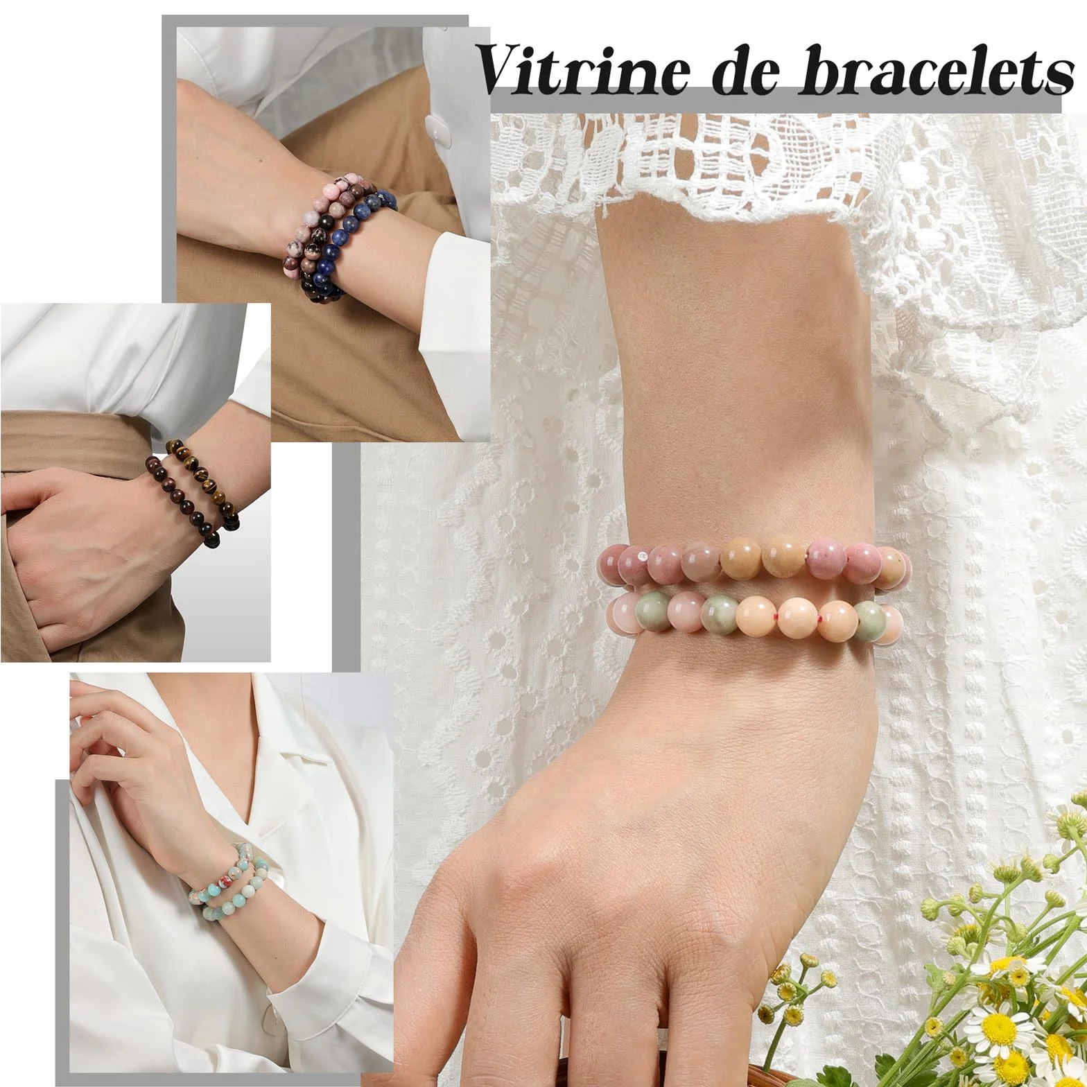 Bracelet Femme Pierre Naturelle 8 mm Lithotherapie Fait Main Yoga Pierres Semi Précieuse