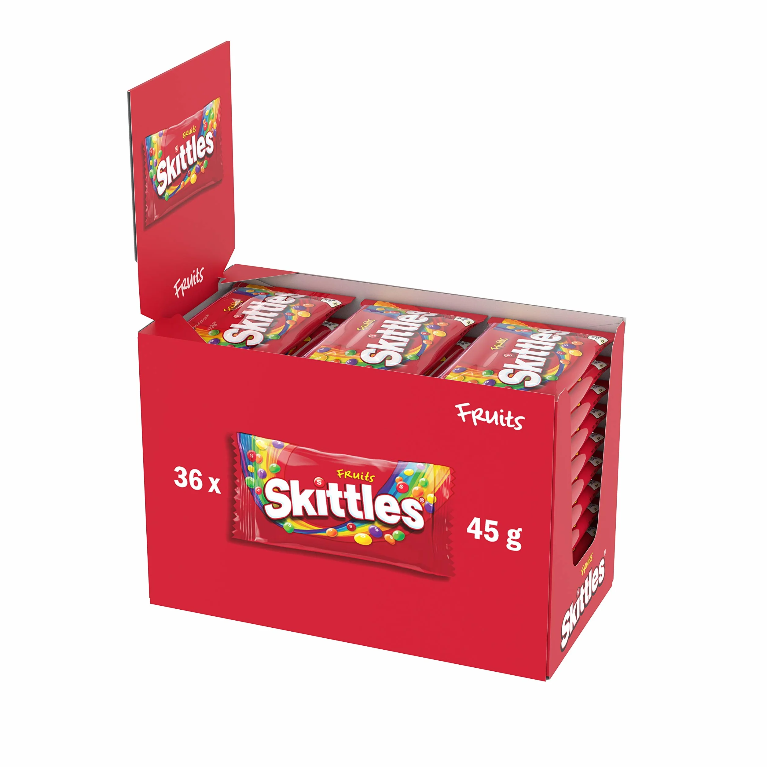 SKITTLES - Bonbons Goût Fruits - 36 Sachets de 45g - Goûts Cassis, Citron, Citron Vert, Orange & Fraise - Vegan - Grand Format - 1,620kg