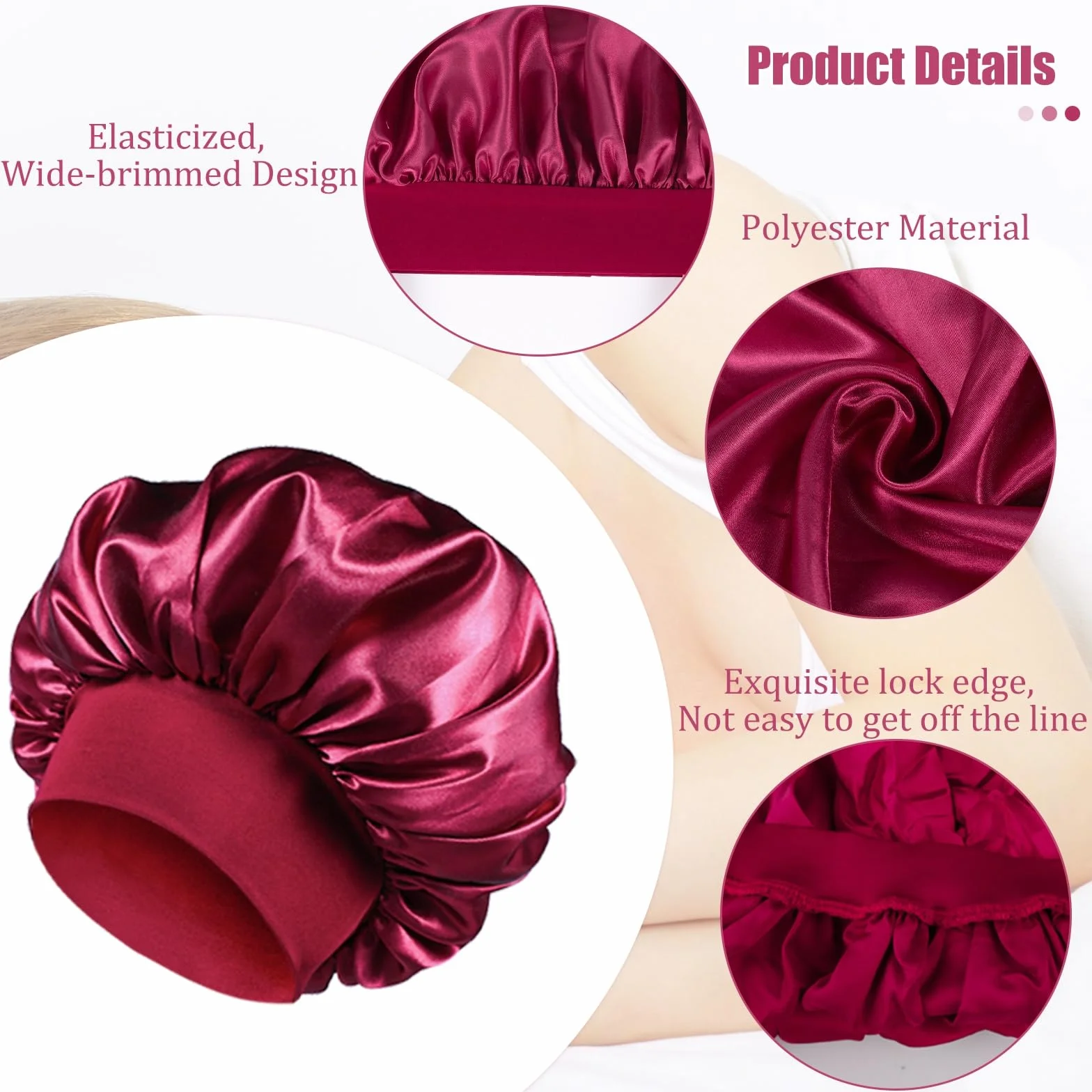 Bonnet Satin Cheveux Nuit pour Femme Élastique Soin des Cheveux 4 Pcs Noir Cyan Café Vin Rouge