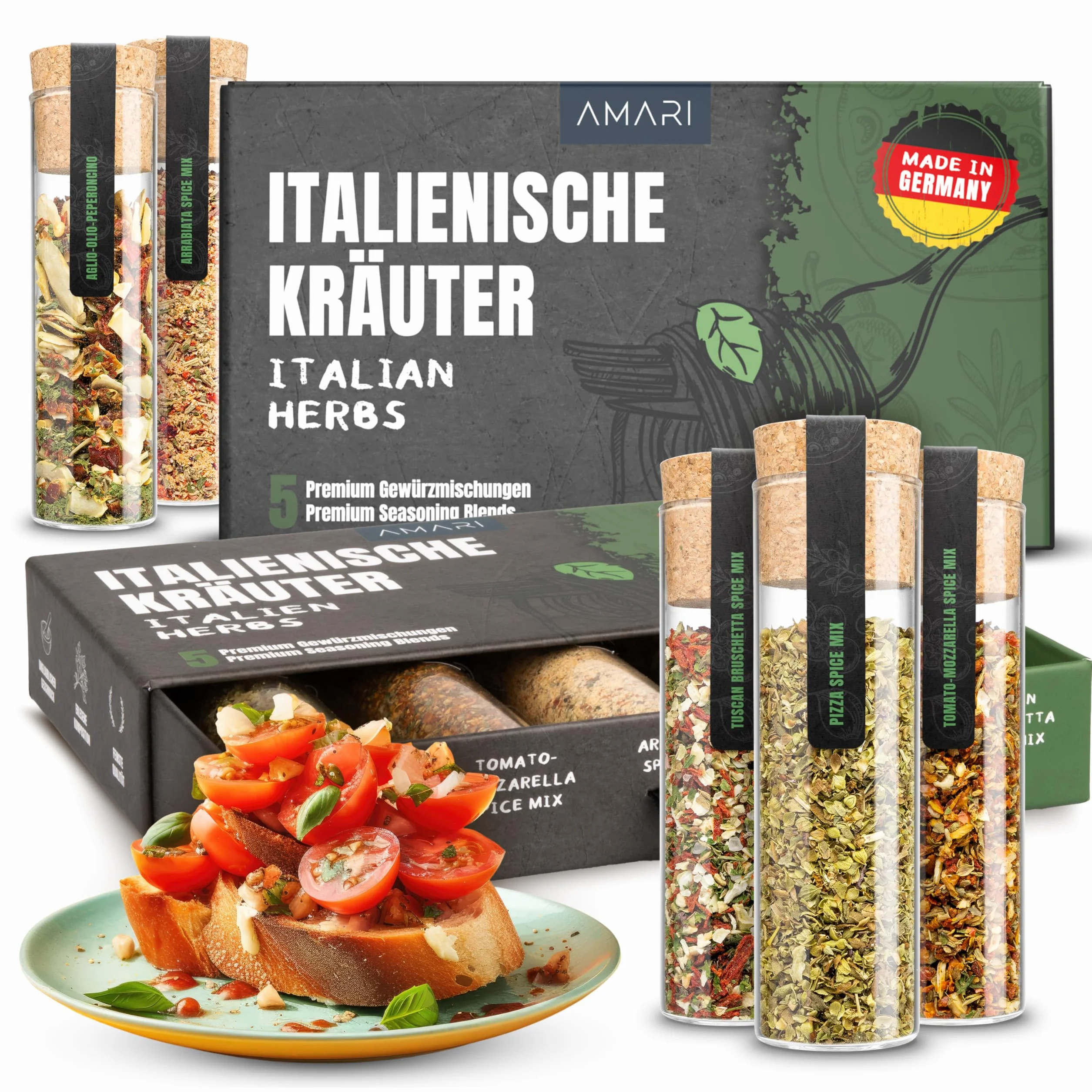 AMARI ® Ensemble de Epices pour Herbes Italiennes – 5 Mélanges d'épices Exquis – Epices du Monde Set Epices Cuisine Italiennes Epices Barbecue