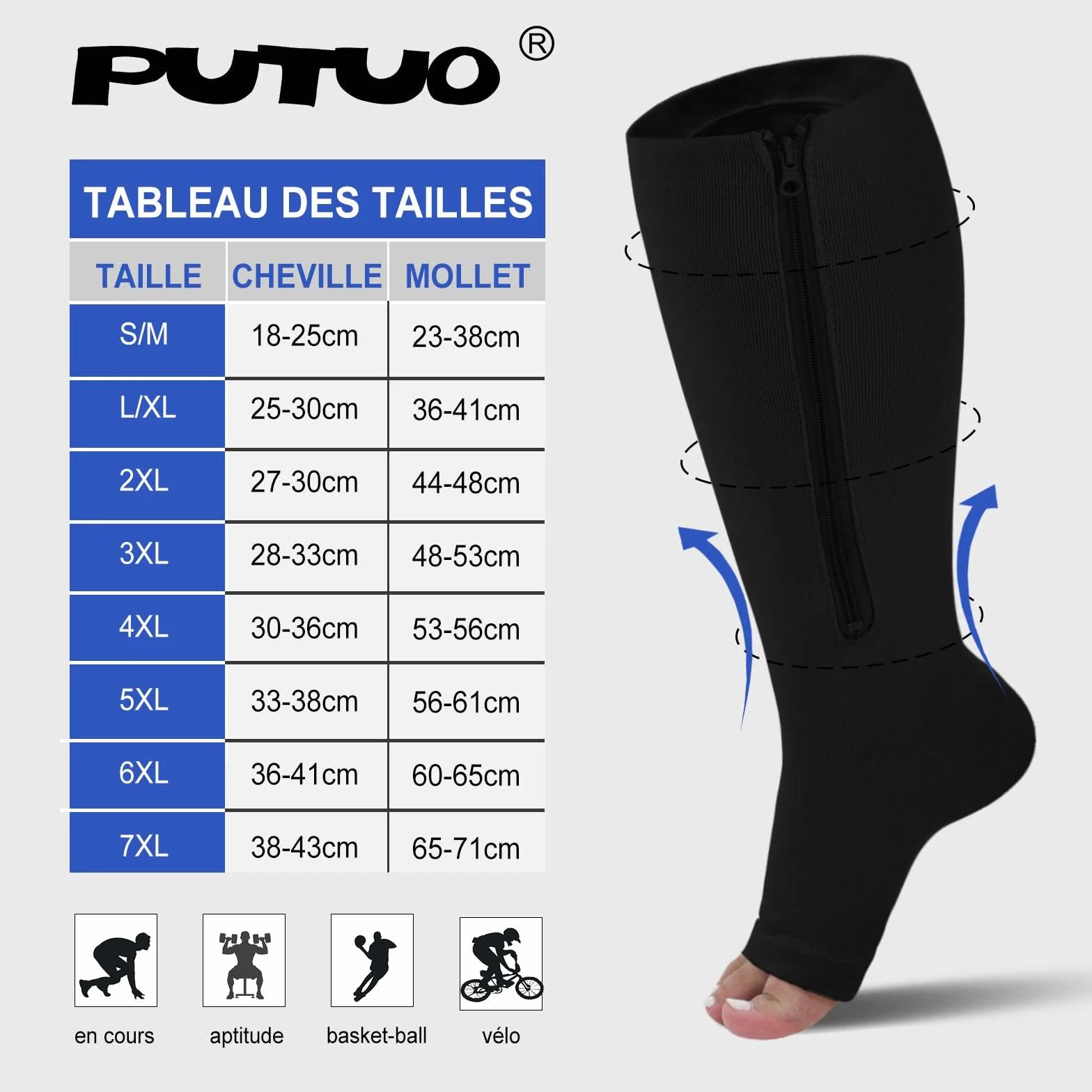 PUTUO Bas de Contention Grande Taille Chaussettes de Contention Zippées à Bout Ouvert pour Femme Hommes