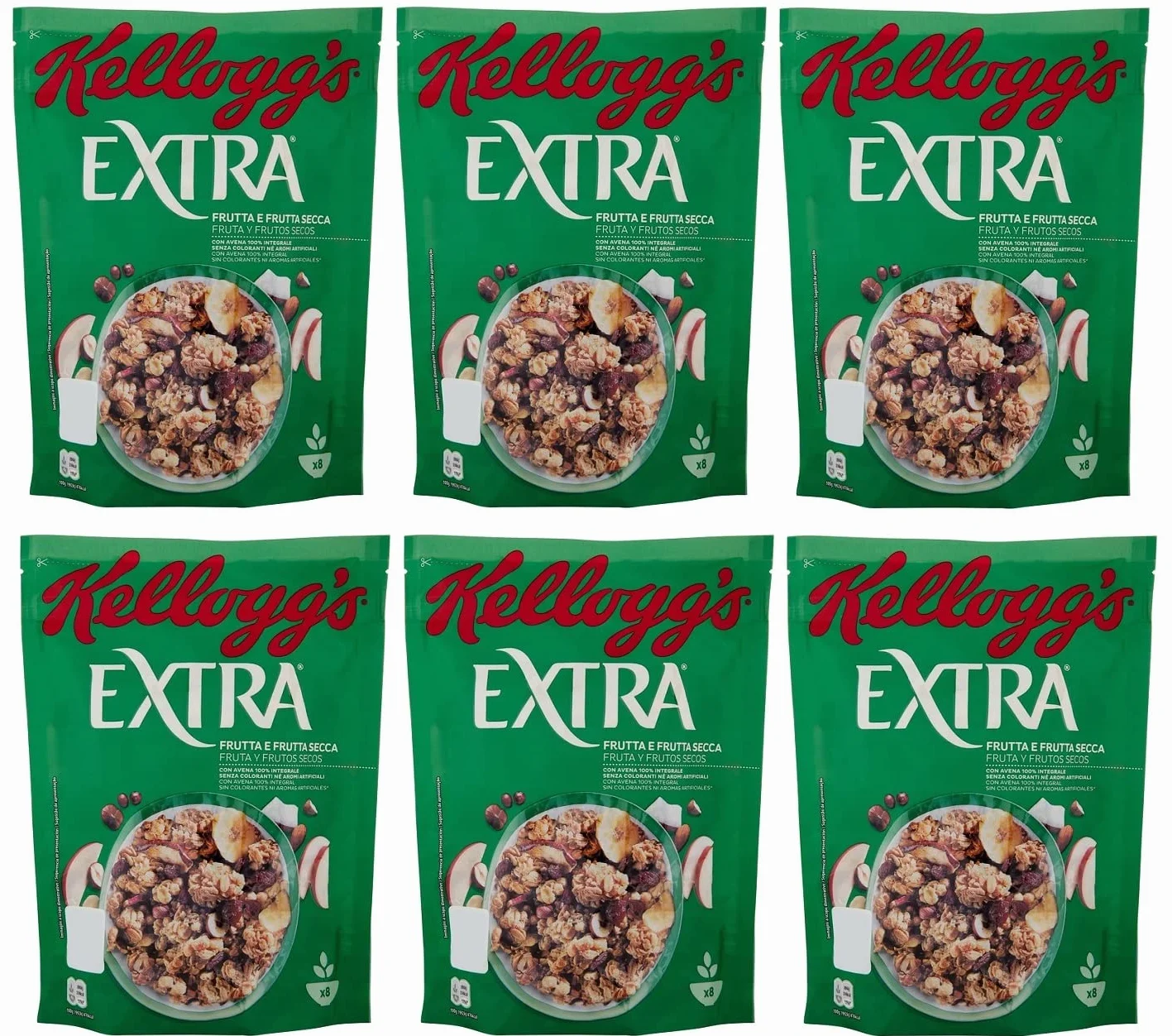 6x Kellogg's Extra Frutta e Frutta Secca Knusprige Haferflocken mit Dehydrierten Früchten 375g-Packung