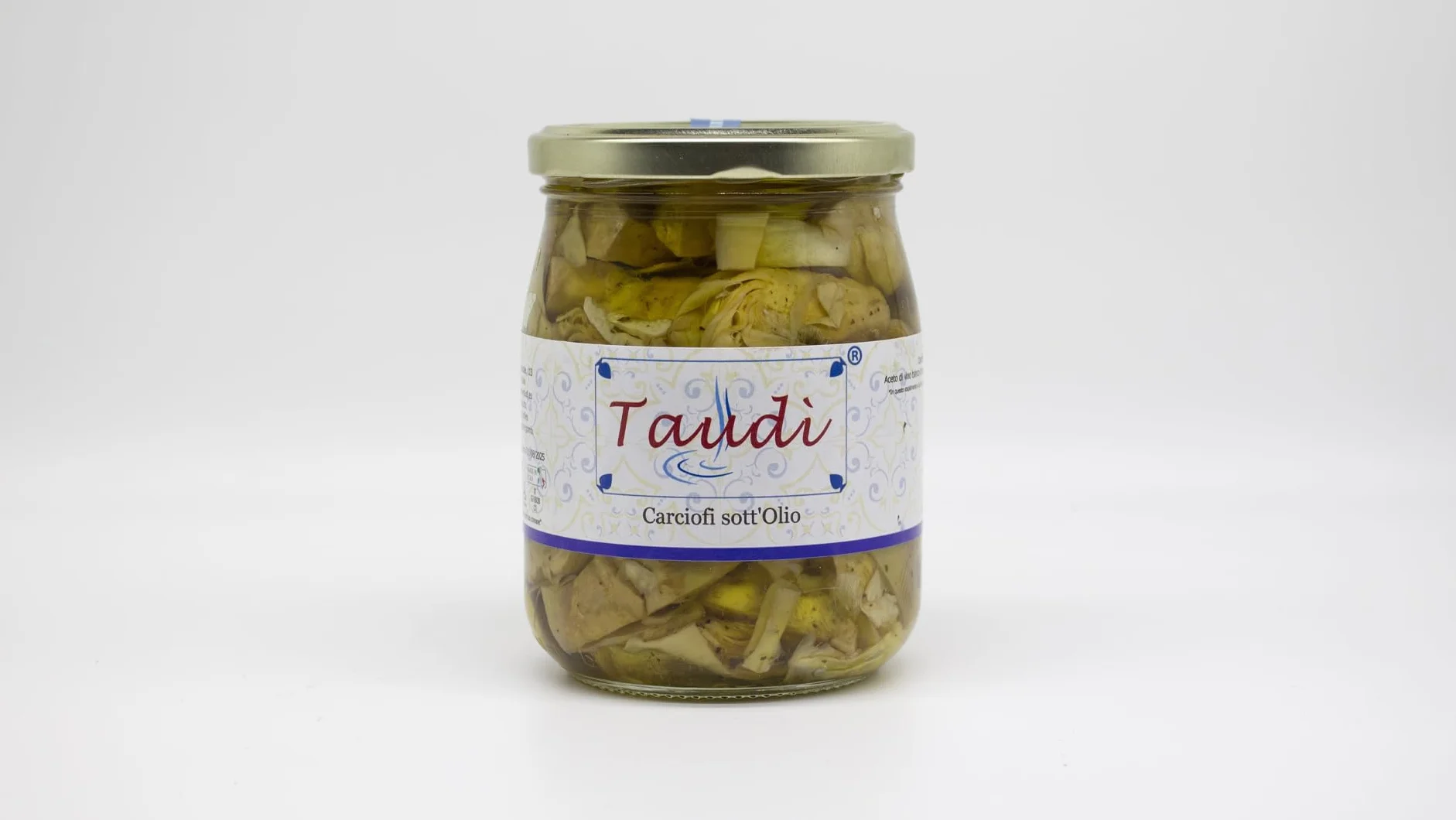 Taudì Conserve – Cœurs d’Artichauts à l’Huile d’Olive – Recette Artisanale Sicilienne – 100% Naturel, Sans Conservateurs – Idéal pour Apéritifs, Salades & Plats Gourmets – Pot en Verre 510 g