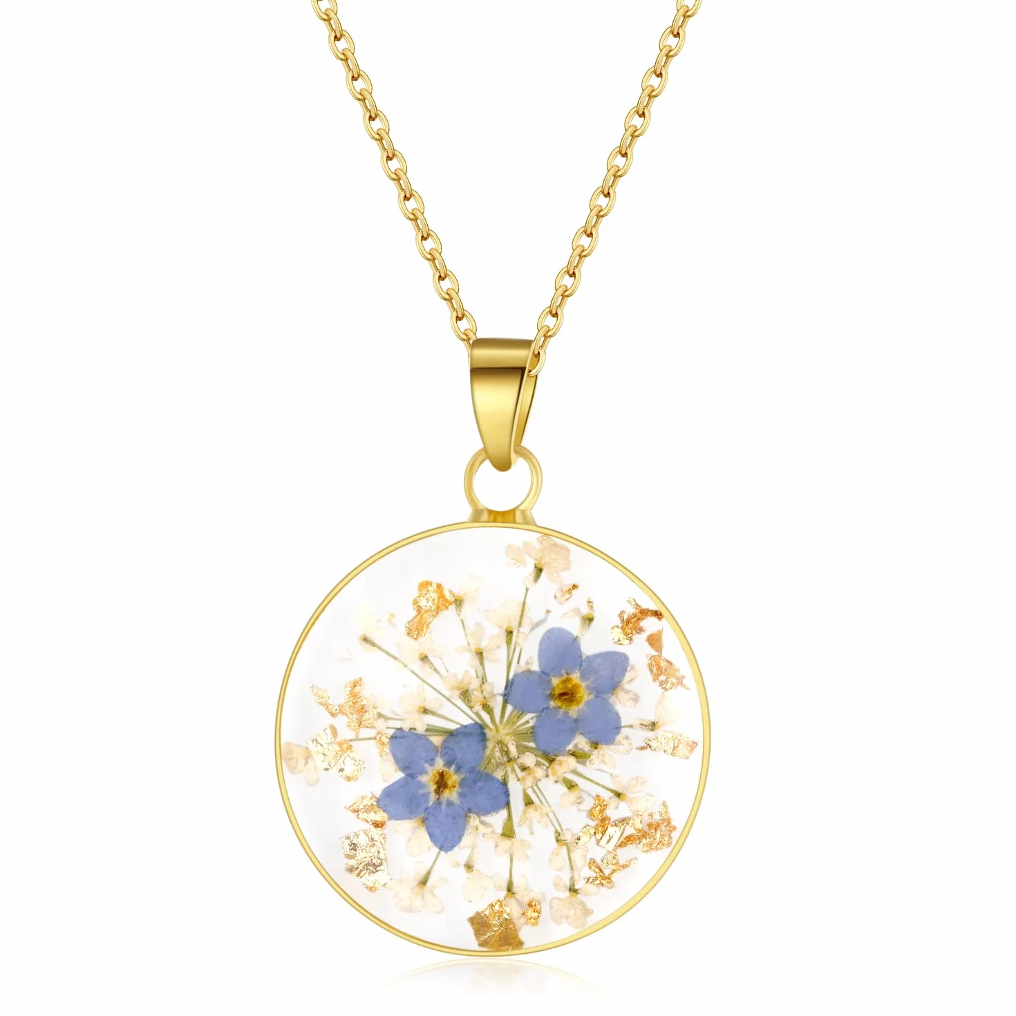Collier Myosotis en fleurs sauvages pressées | Collier Fleurs de naissance | Bijou vintage or/argent