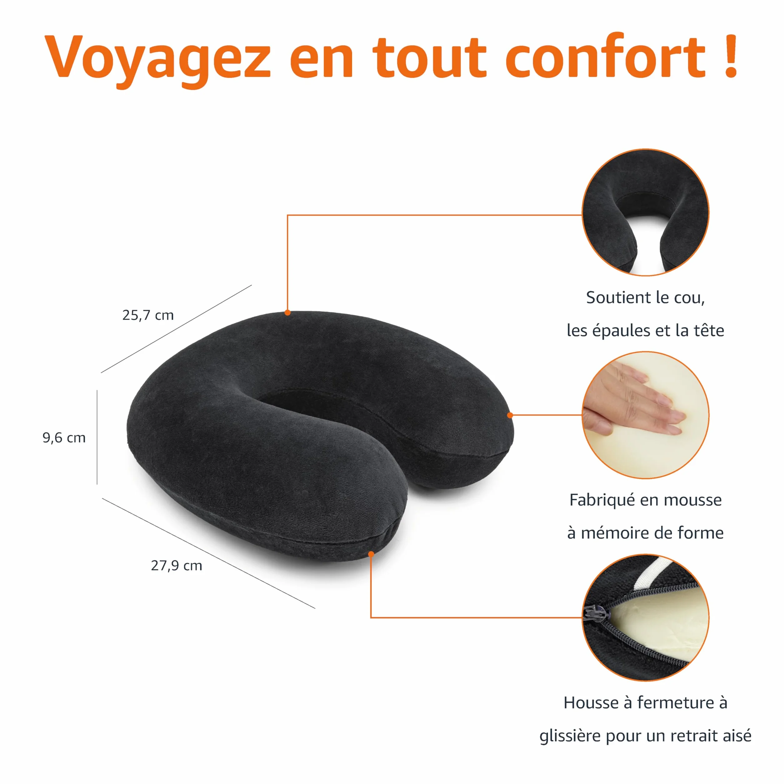 Amazon Basics Semi-circulaire Coussin tour de cou en mousse à mémoire de forme, Noir