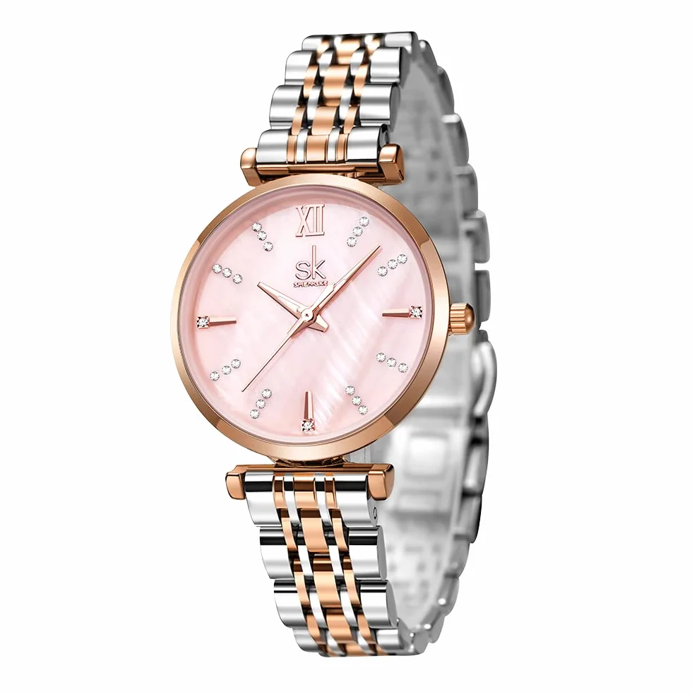 SHENGKE SK Montre Classique pour Femme avec Bracelet en Acier Inoxydable et Cuir véritable