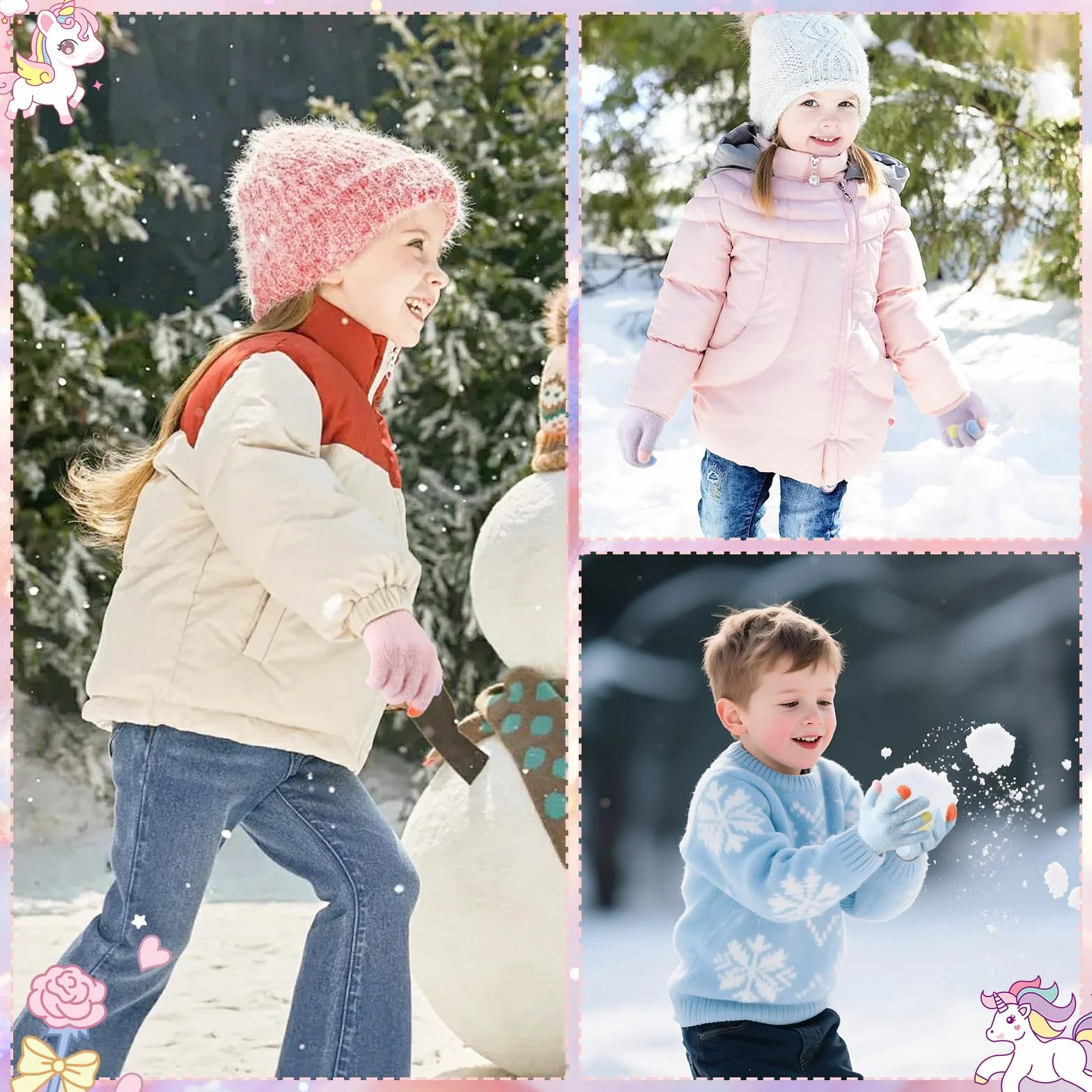 QKURT Lot de 3 paires gants d'hiver chauds enfants mitaines tricot extensible 4-10 ans