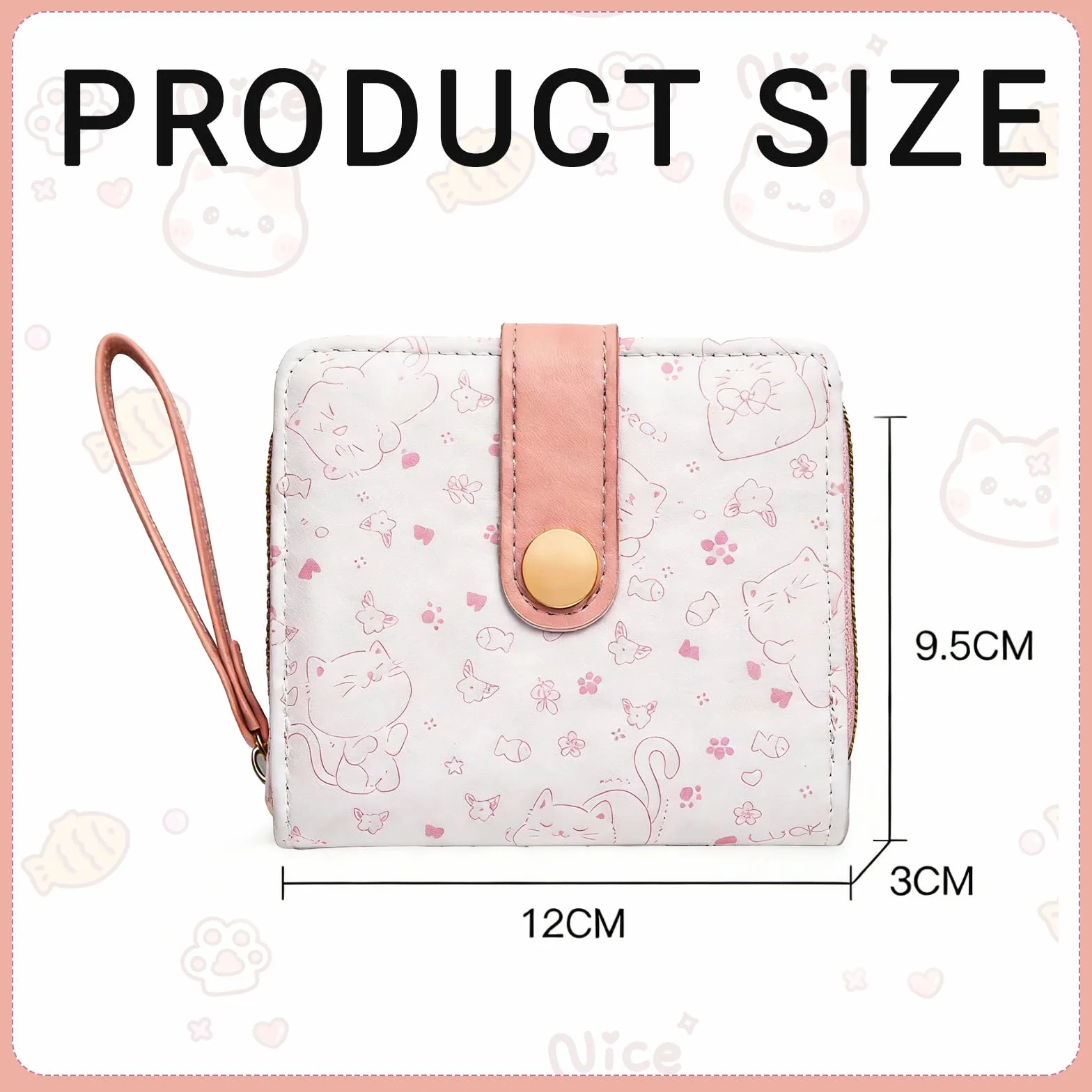 Porte Monnaie Fille Motif Chat Mignon Portefeuille Ado avec Fermeture en Cuir Rose