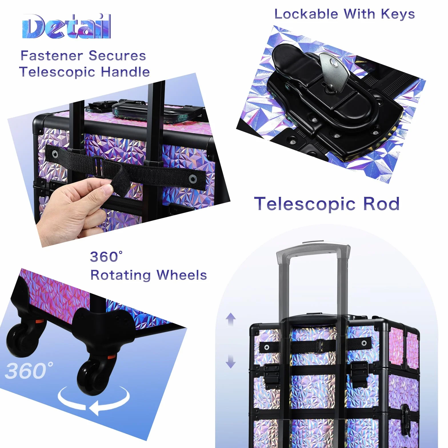 Valise de Maquillage XXL 4-en-1 Cadre Aluminium Violet Dégradé, Mallette Cosmétique Verrouillable à roulettes 360°