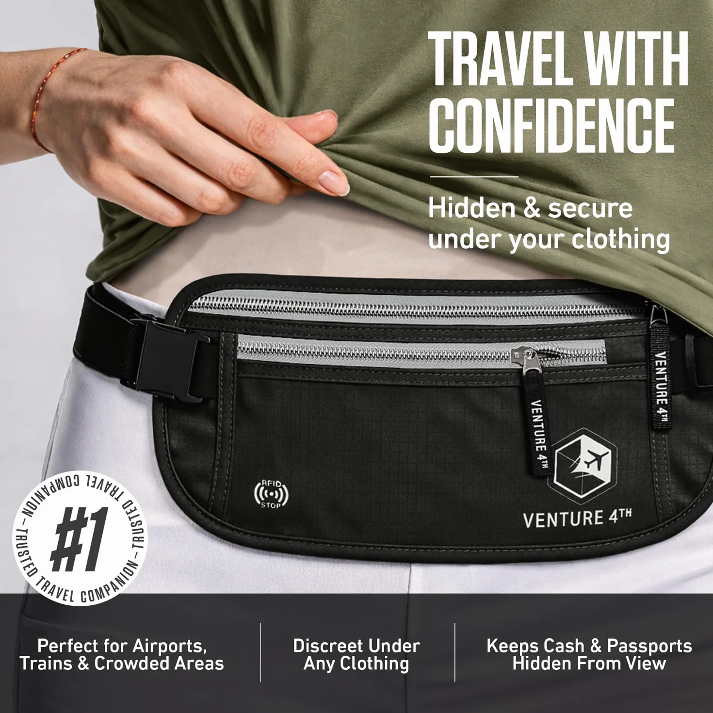Venture4th Ceinture Portefeuille de Voyage Sécurité RFID Cachée Taille Noir