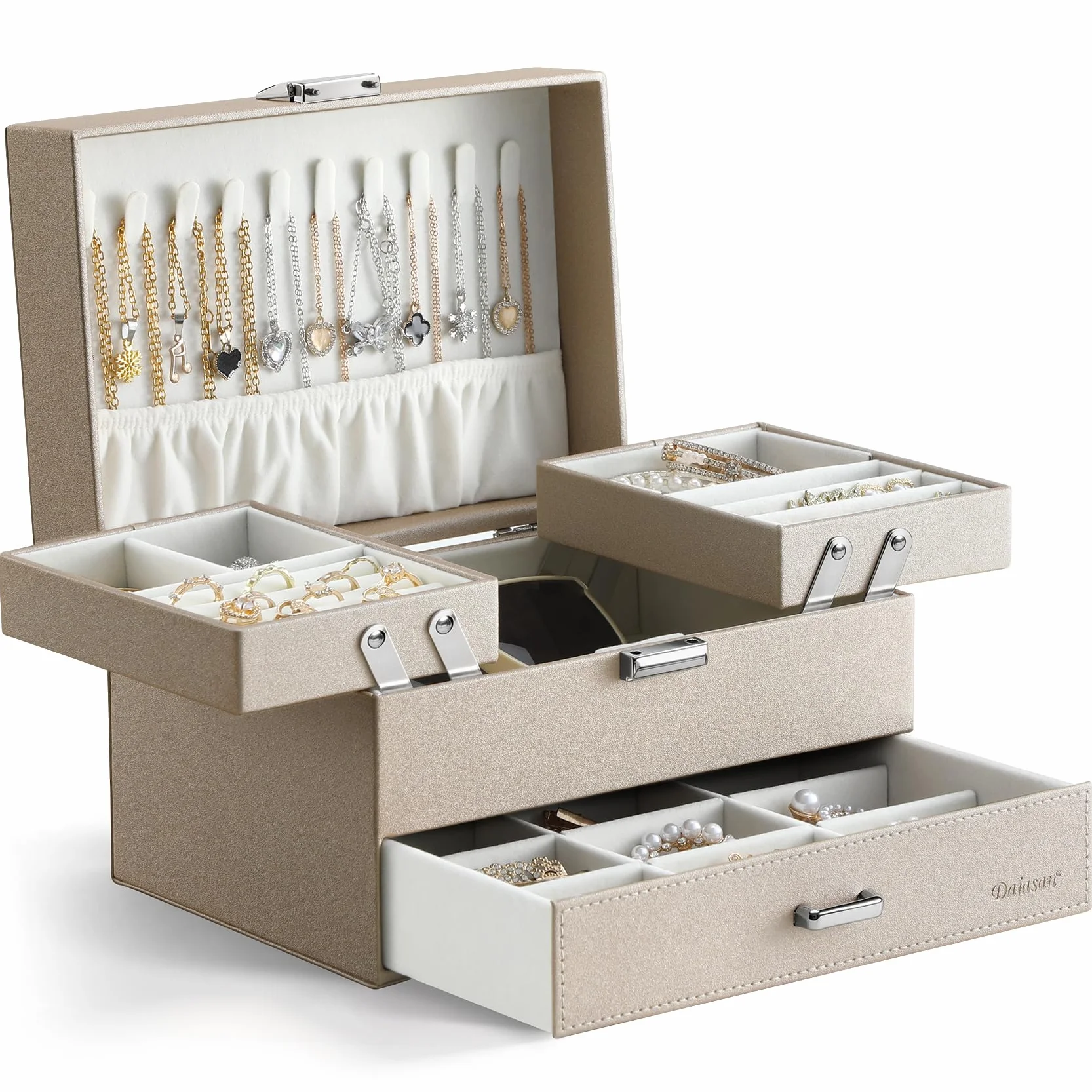 Dajasan Boîte à Bijoux 3 Couches Grande Coffret à Bijoux avec Support Métallique Mobile Cuir PU pour Coiffeuse