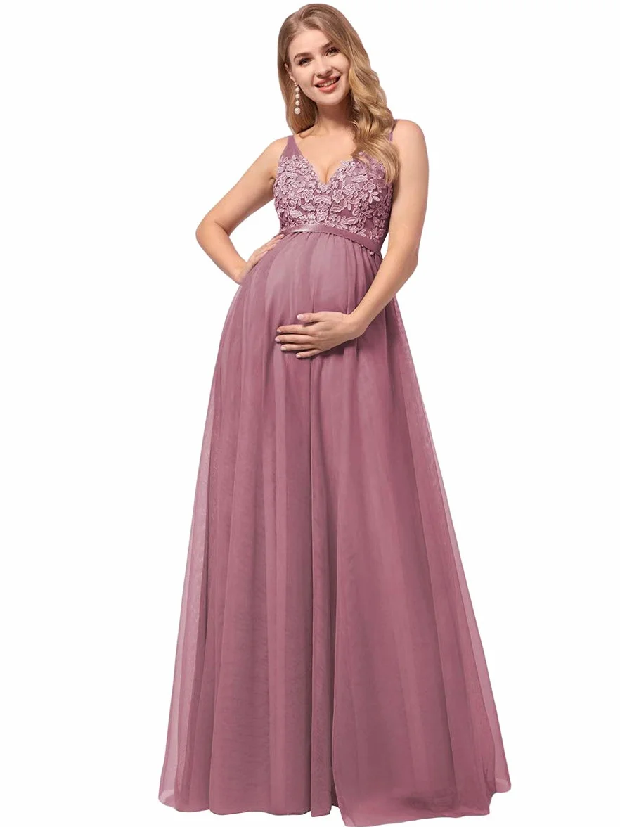 Ever-Pretty Robe Maternité Longue Photographie Col en V A-Line Tulle Fleurs