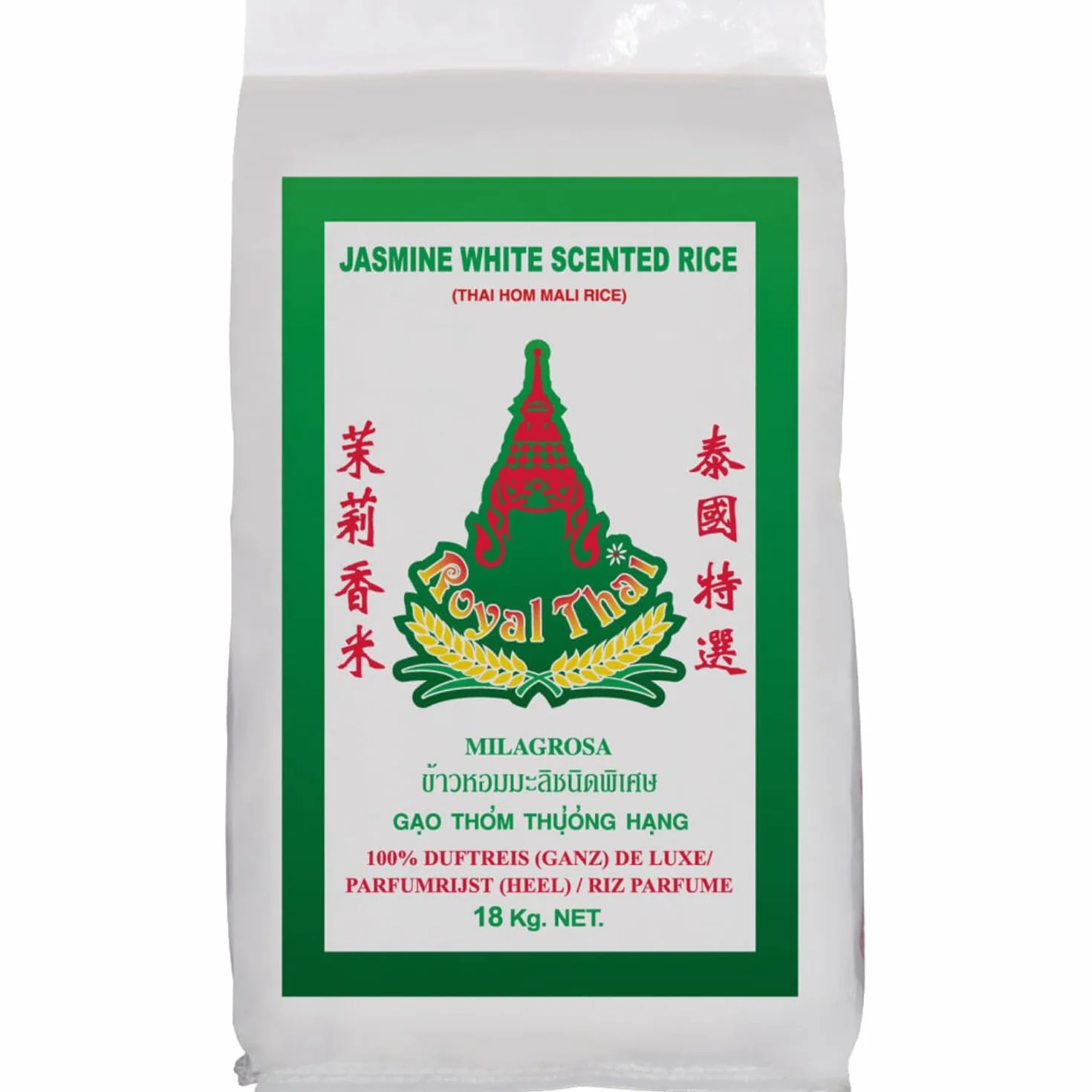 Riz parfumé Royal Thai Rice Jasmin à grains longs 18 kg – Qualité supérieure de Thaïlande, 100 % riz naturel | Idéal pour les plats wok, les cuisines asiatiques et les accompagnements avec autocollant