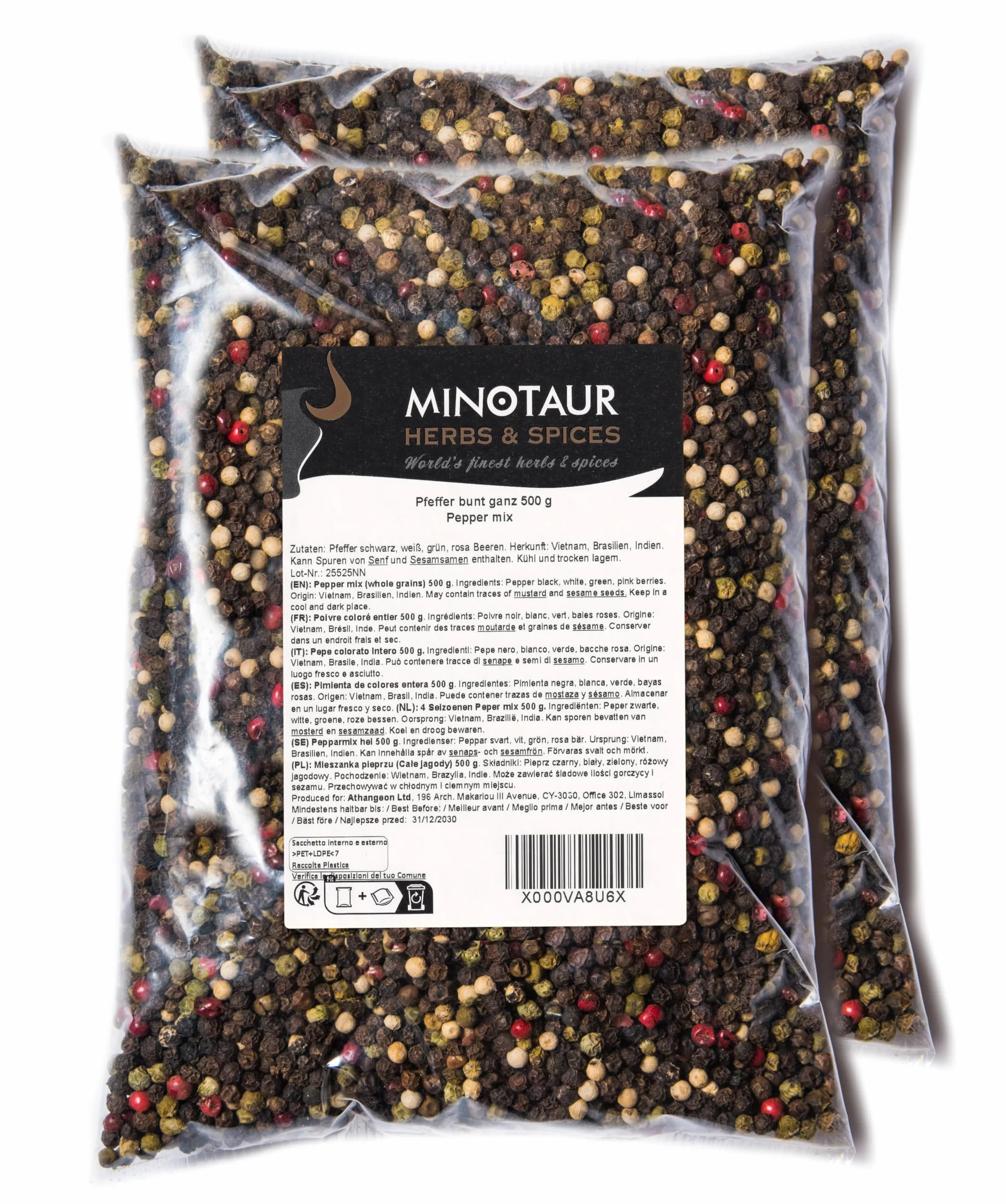 Minotaur Spices | Poivre coloré entier | 2 x 500 g (1 kg) | Poivre à 4 baies mélange de grains noirs, blancs, verts et roses